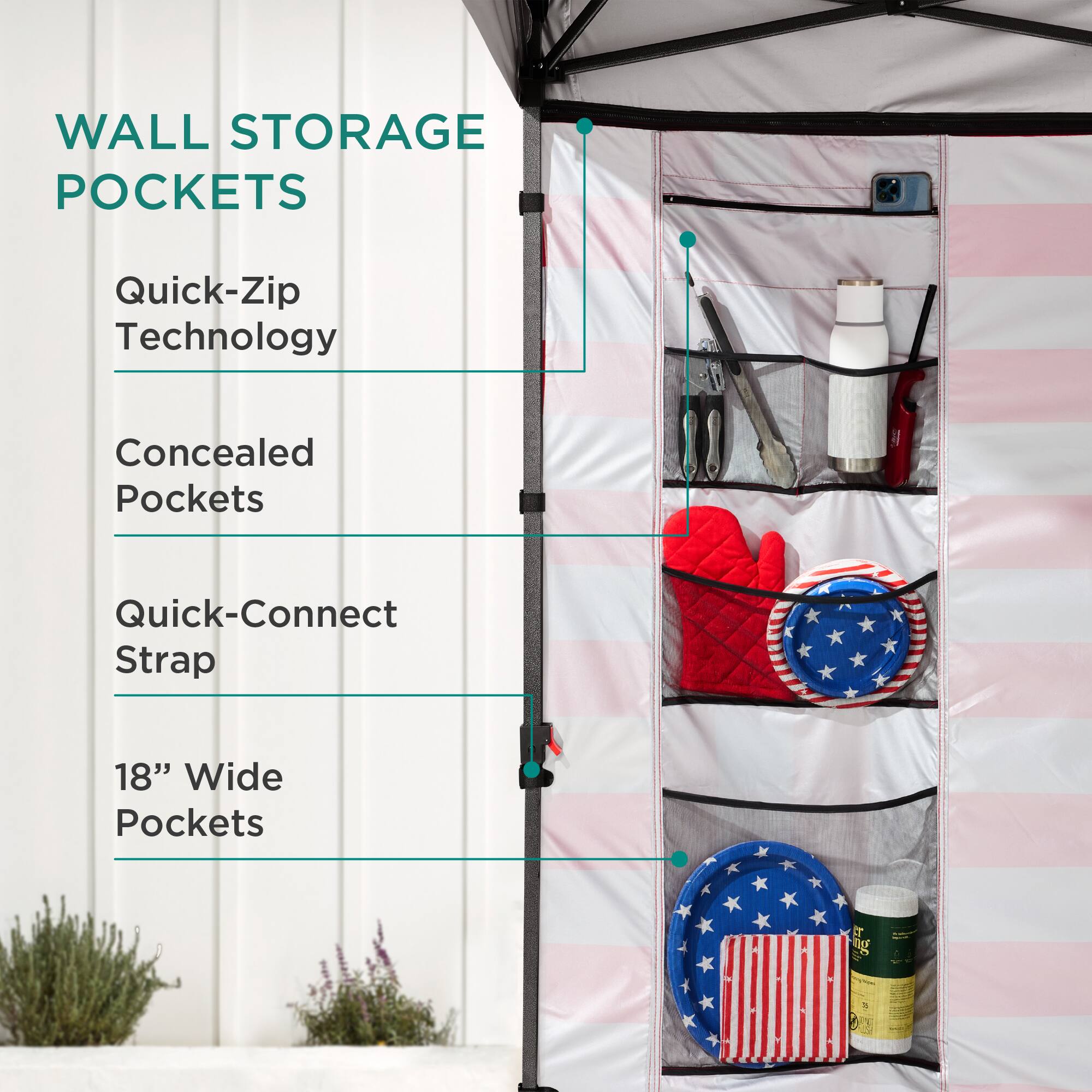 WALL STORAGE POCKETS

- Quick-Zip Technology
- Concealed Pockets
- Quick-Connect Strap
- 18" Wide Pockets