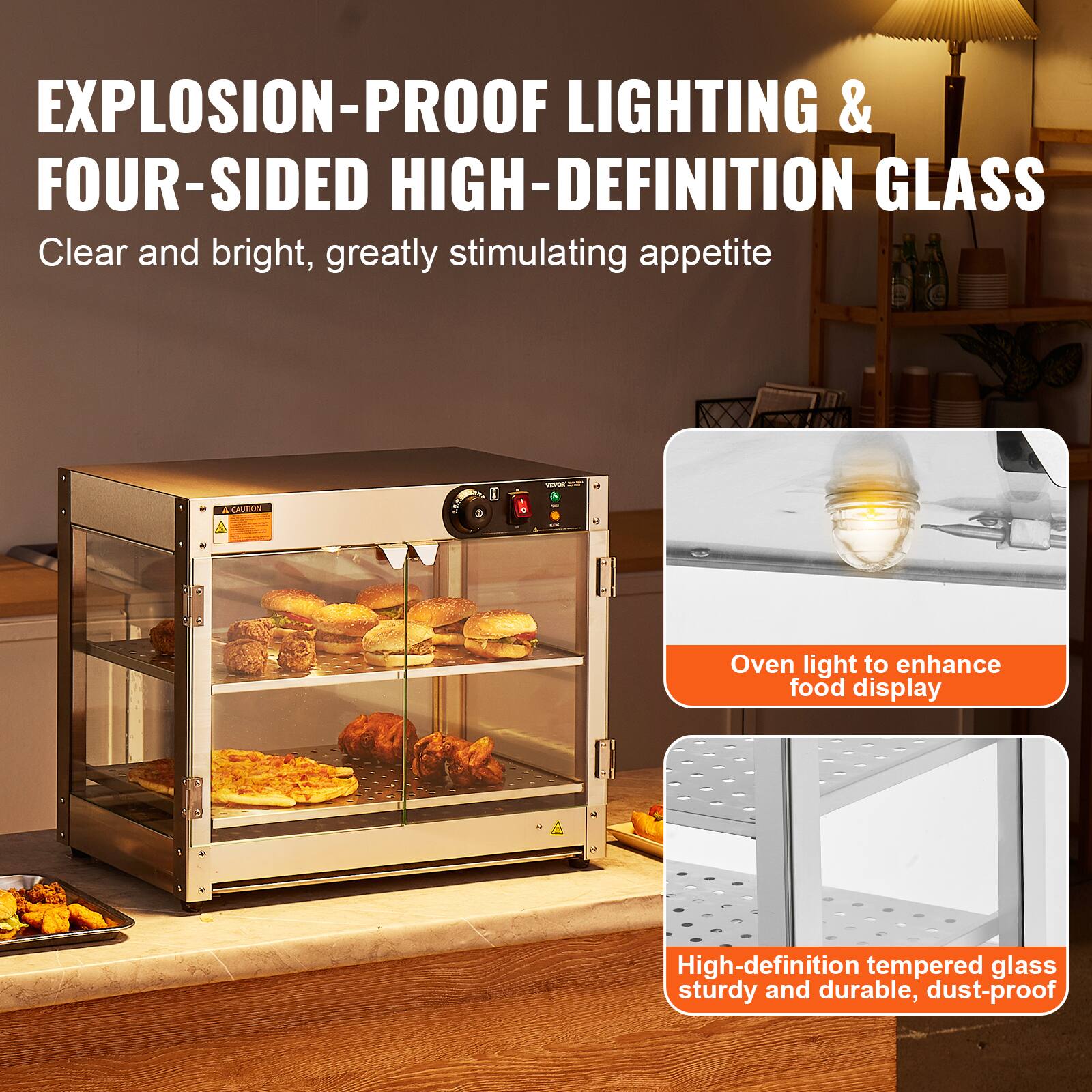 EXPLOSION-PROOF LIGHTING & FOUR-SIDED HIGH-DEFINITION GLASS  
Clear and bright, greatly stimulating appetite

CAUTION

Oven light to enhance food display

High-definition tempered glass sturdy and durable, dust-proof