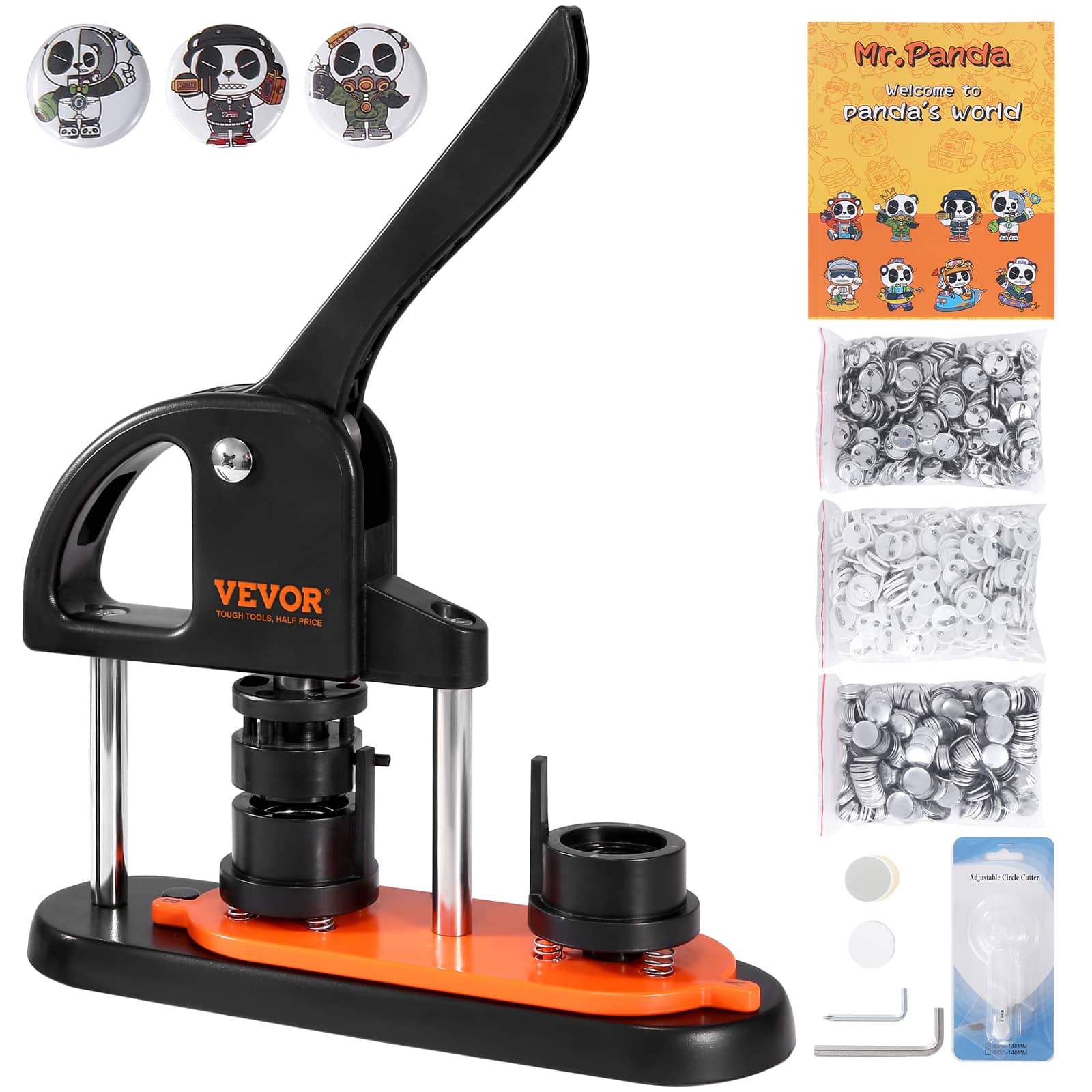 VEVOR - Button Maker Machine, 0.98 inch/25mm Pin Maker with 500pcs Button Parts, Button Maker with Panda Magic Book - Black,Orange