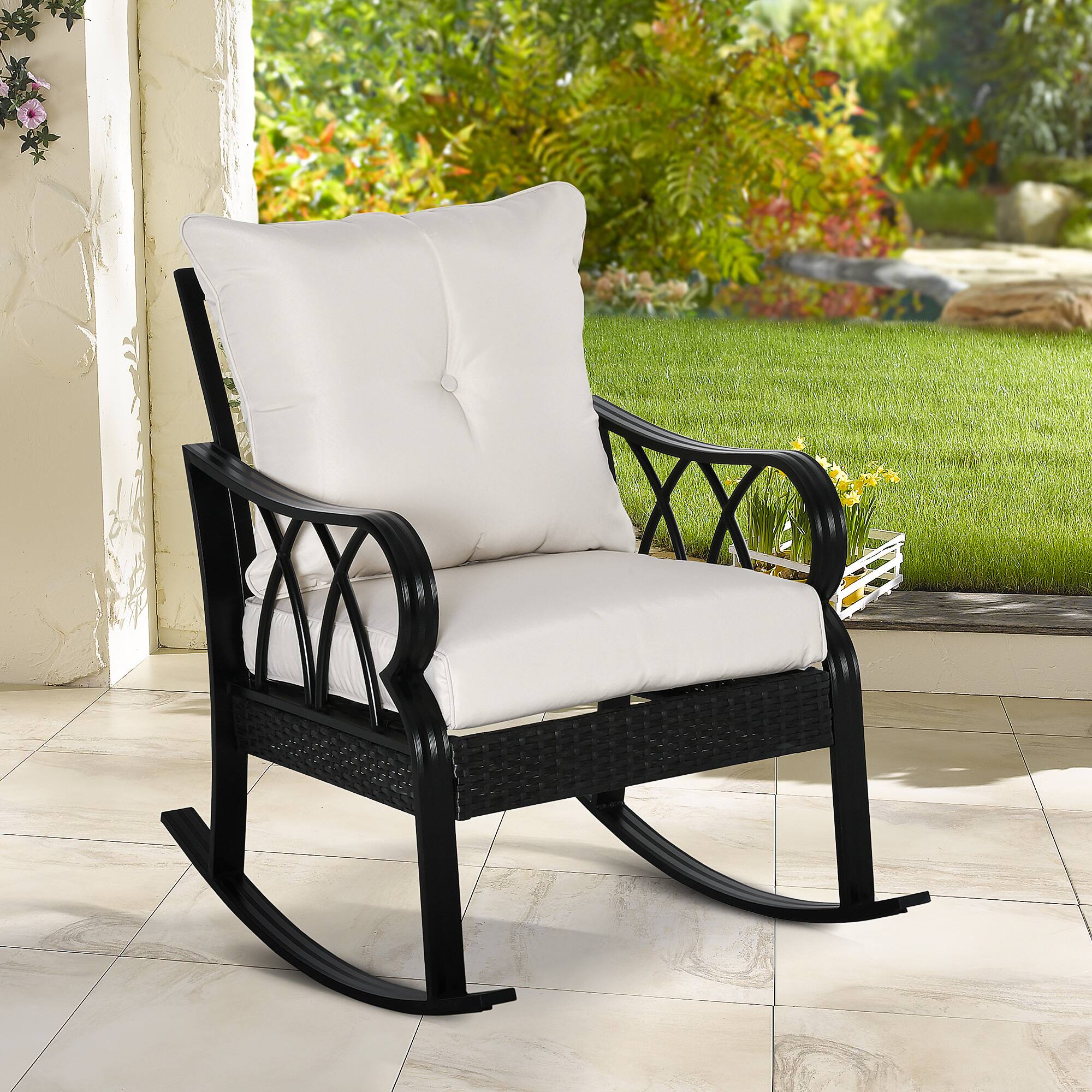 Alt View 1. Outsunny - Wicker Rocking Chair with Padded Cushions, Aluminum Furniture Rattan Porch Rocker Chair w/ Armrest for Garden, Patio - Khaki.