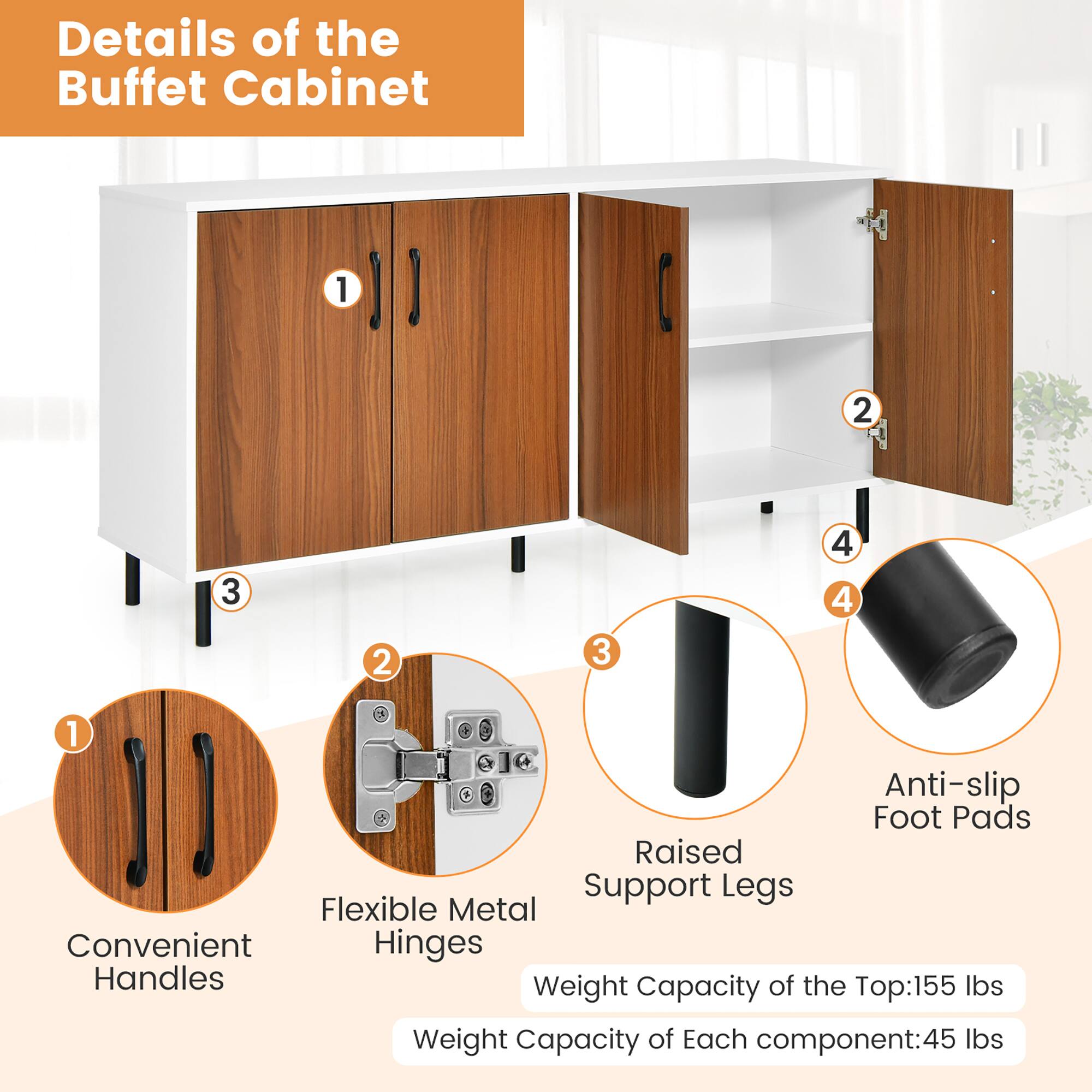 Details of the Buffet Cabinet:

1. Anti-slip Foot Pads
2. Raised Support Legs
3. Flexible Metal Convenient Hinges
4. Handles
5. Weight Capacity of the Top: 155 lbs
6. Weight Capacity of Each component: 45 lbs