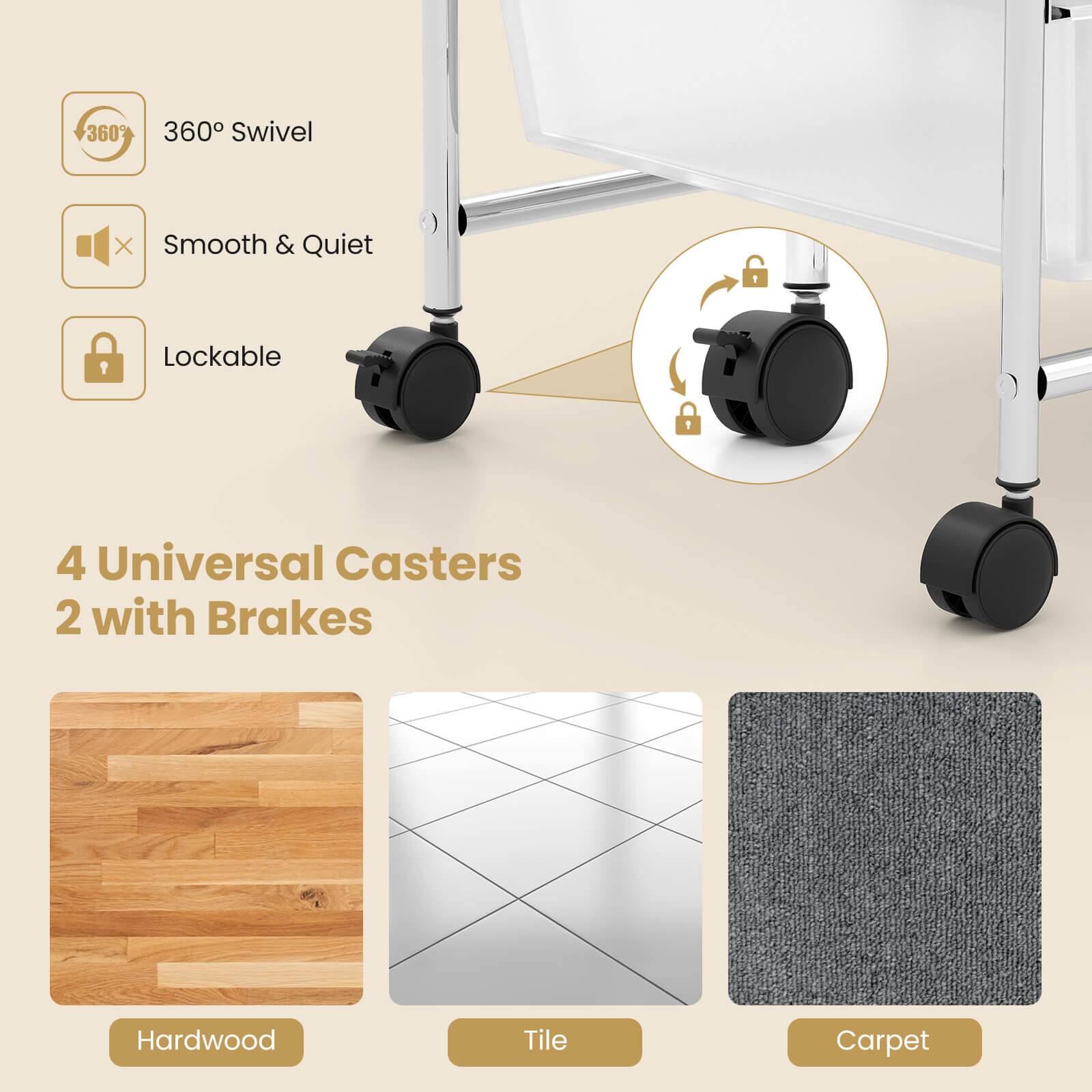 360° Swivel  
Smooth & Quiet  
Lockable  

4 Universal Casters  
2 with Brakes  

Hardwood  
Tile  
Carpet