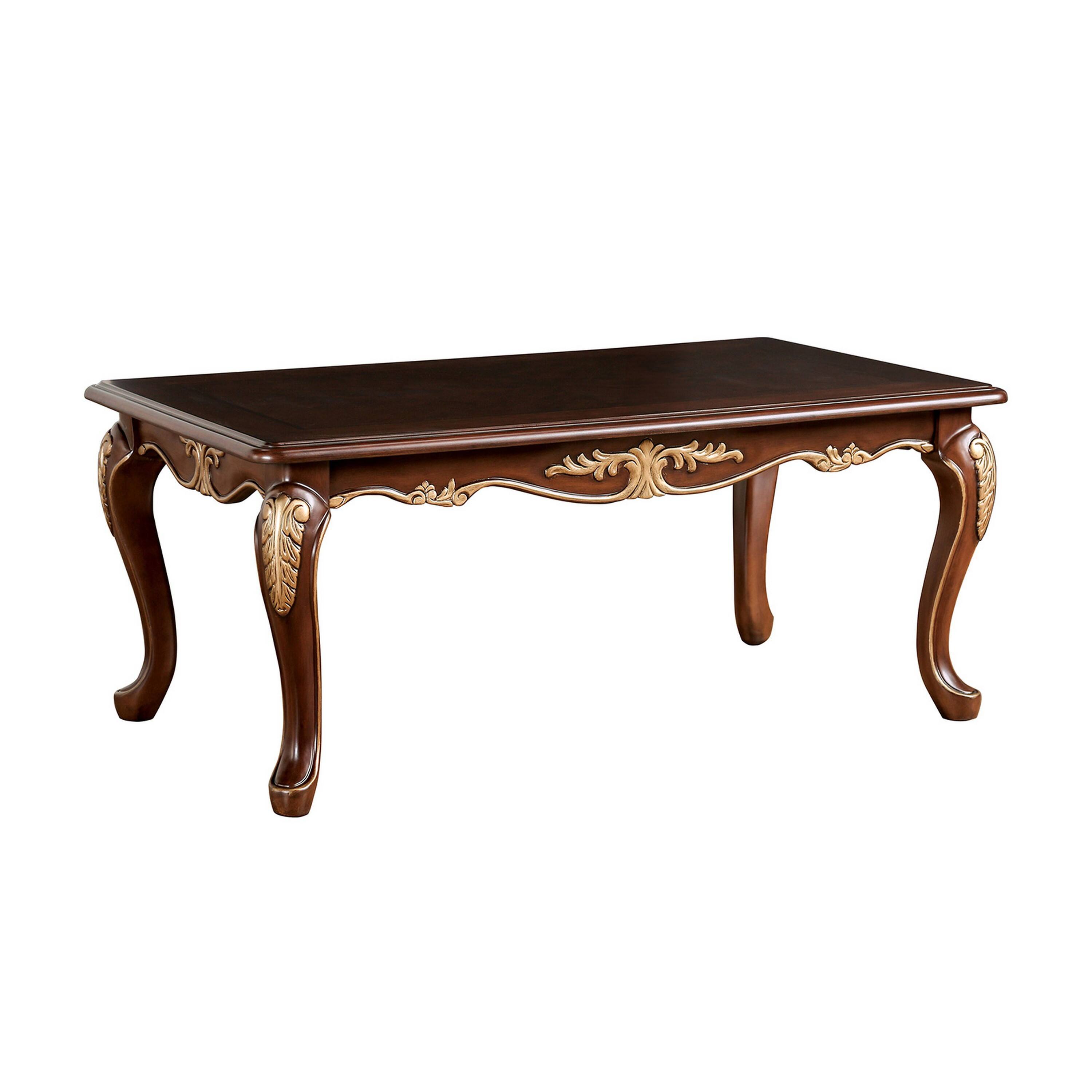 Front. Manhattan Lane - Saili Coffee Table, Gold Carvings, 48 Inch, Cabriole, Tobacco Brown Wood - Tobacco Brown, Gold.