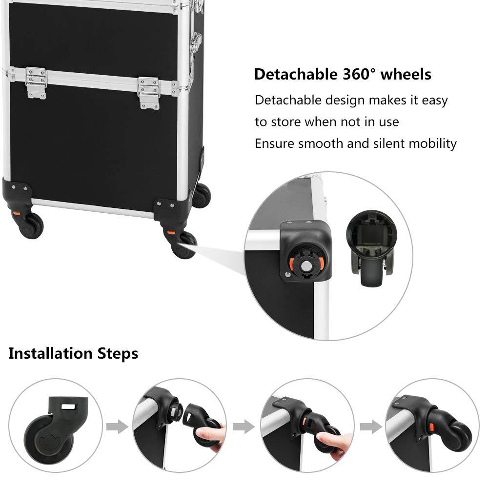 Detachable 360° wheels  
Detachable design makes it easy to store when not in use  
Ensure smooth and silent mobility  

Installation Steps