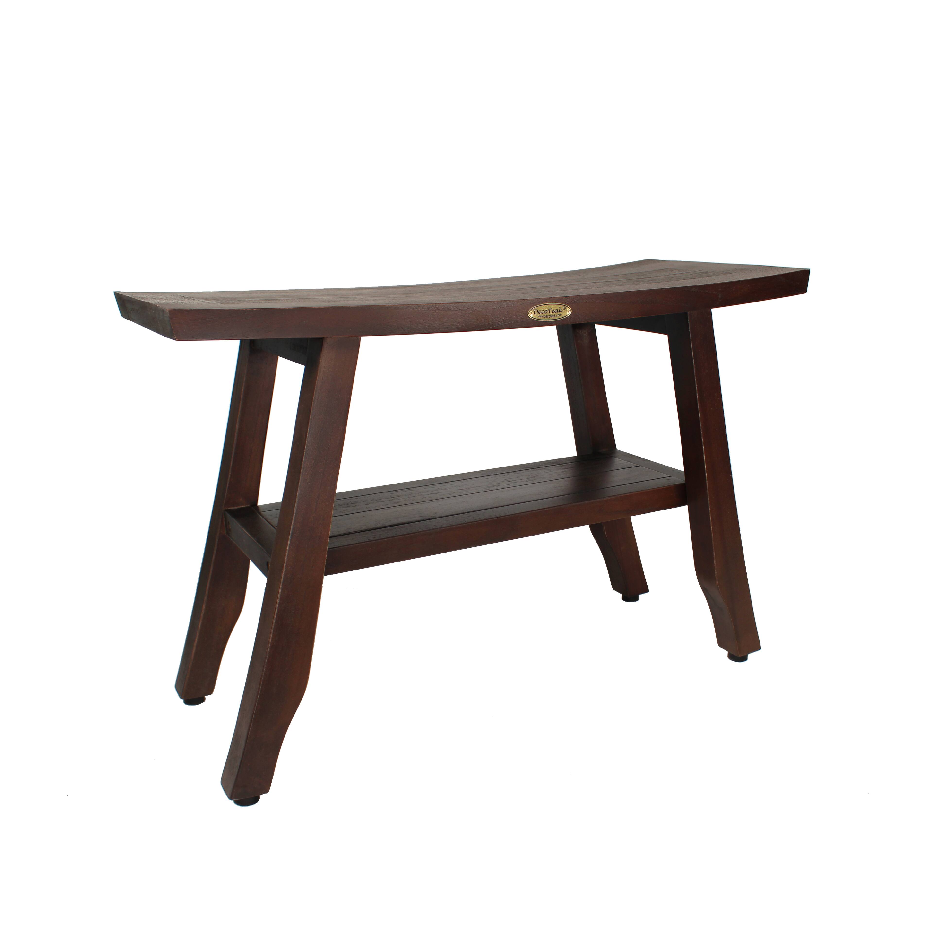 Angle. DecoTeak - DecoTeak® Satori® 28" Teak Wood Shower Bench with Shelf in Woodland Brown Finish - Woodland Brown.