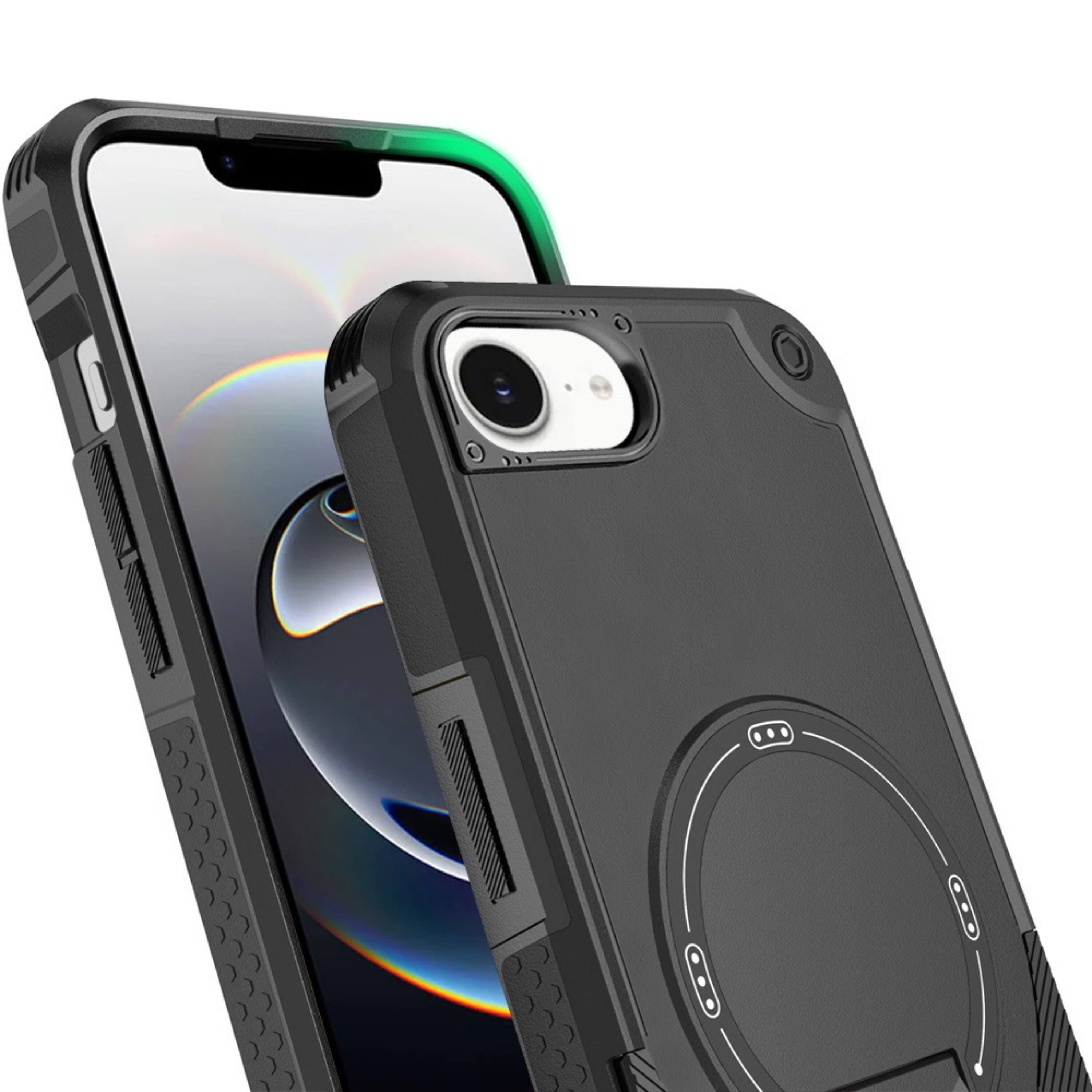 Angle. Kitcheniva - Magnetic Circle Rugged Grip Kickstand Phone Case With Tempered Glass For iPhone 16e 17e Pink - Pink.