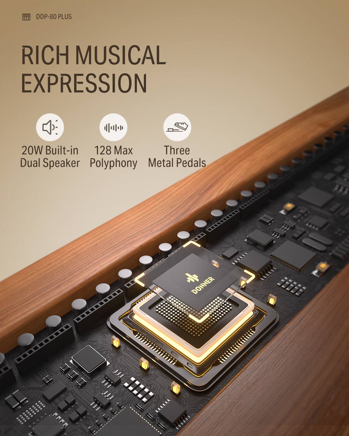DDP-80 PLUS

RICH MUSICAL EXPRESSION

- 20W Built-in Dual Speaker
- 128 Max Polyphony
- Three Metal Pedals