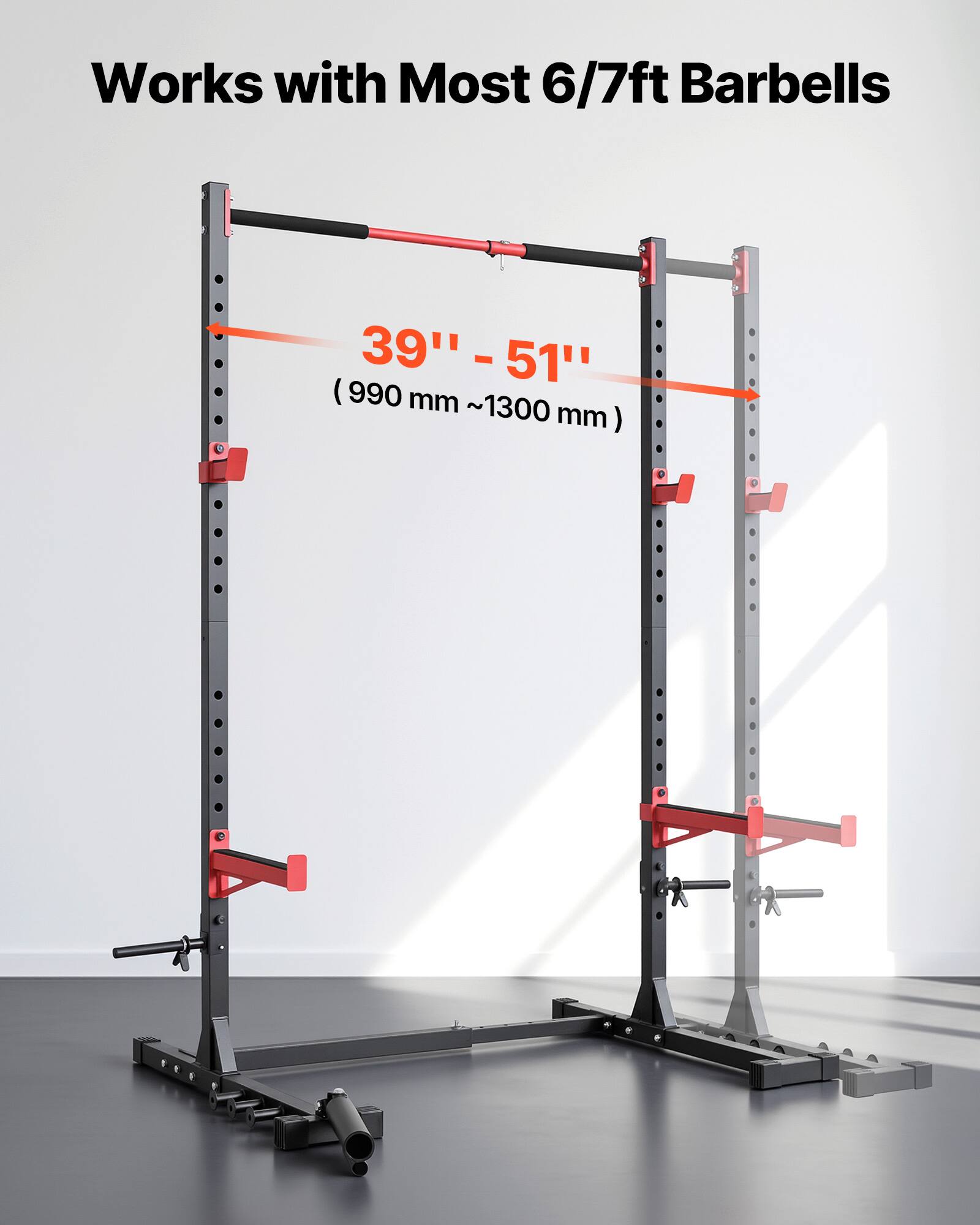 Works with Most 6/7ft Barbells  
39" - 51"  
(990 mm ~ 1300 mm)