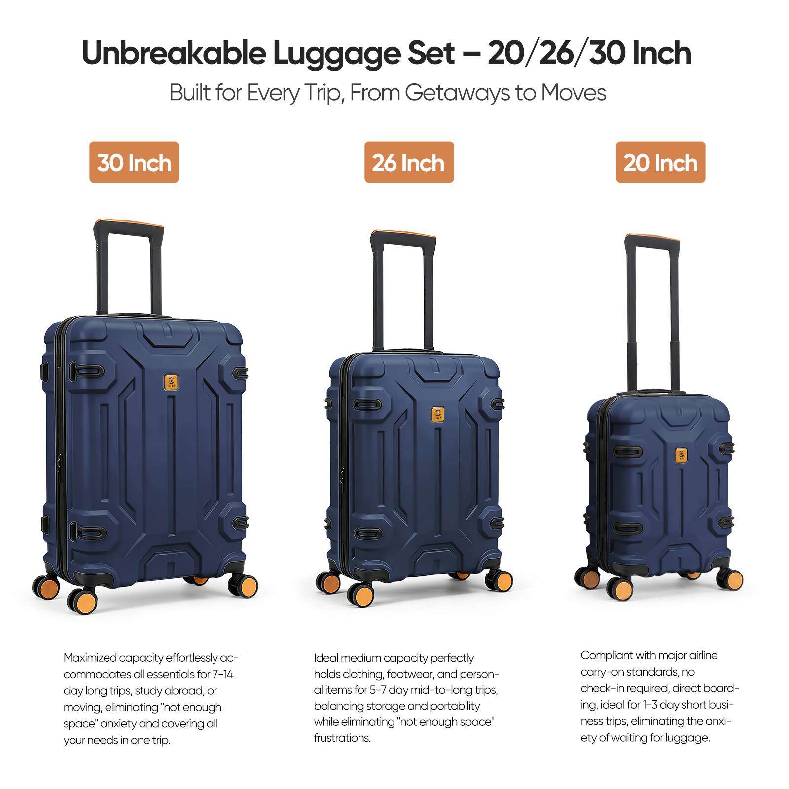 Unbreakable Luggage Set - 20/26/30 Inch

Built for Every Trip, From Getaways to Moves

30 Inch
Maximized capacity effortlessly accommodates all essentials for 7-14 day long trips, study abroad, or moving, eliminating "not enough space" anxiety and covering all your needs in one trip.

26 Inch
Ideal medium capacity perfectly holds clothing, footwear, and personal items for 5-7 day mid-to-long trips, balancing storage and portability while eliminating "not enough space" frustrations.

20 Inch
Compliant with major airline carry-on standards, no check-in required, direct boarding, ideal for 1-3 day short business trips, eliminating the anxiety of waiting for luggage.