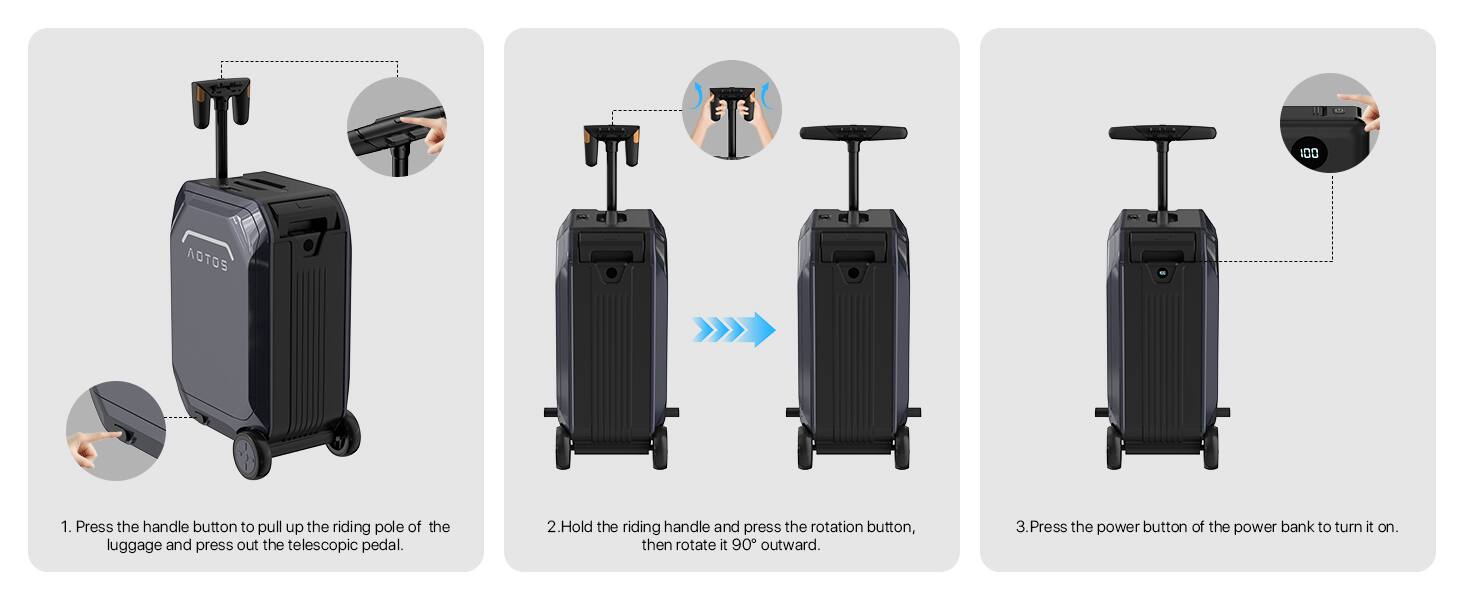 1. Press the handle button to pull up the riding pole of the luggage and press out the telescopic pedal.
2. Hold the riding handle and press the rotation button, then rotate it 90° outward.
3. Press the power button of the power bank to turn it on.