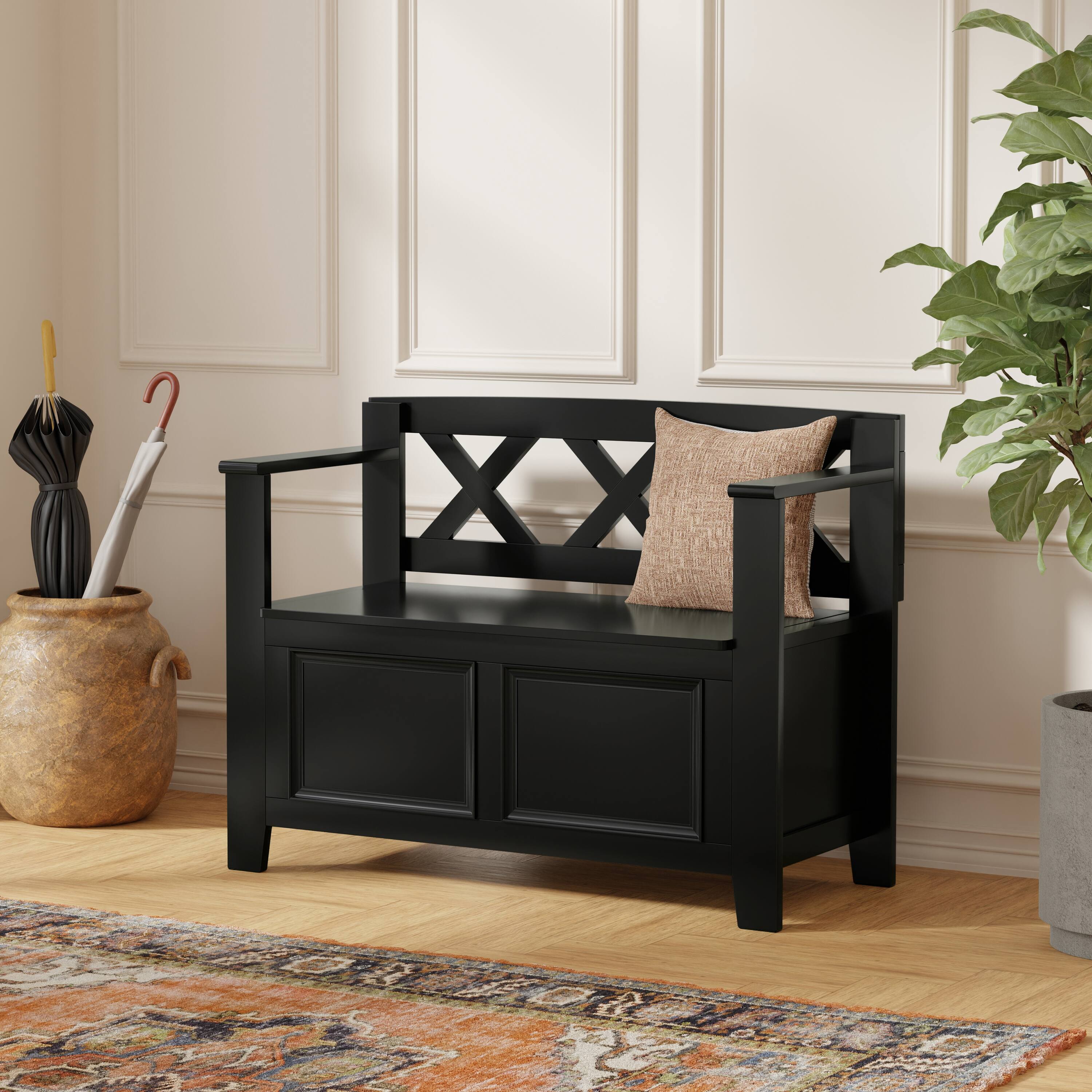 Angle. Simpli Home - Amherst Solid Wood 36 inch Wide Transitional Entryway Storage Bench in Black - Black.