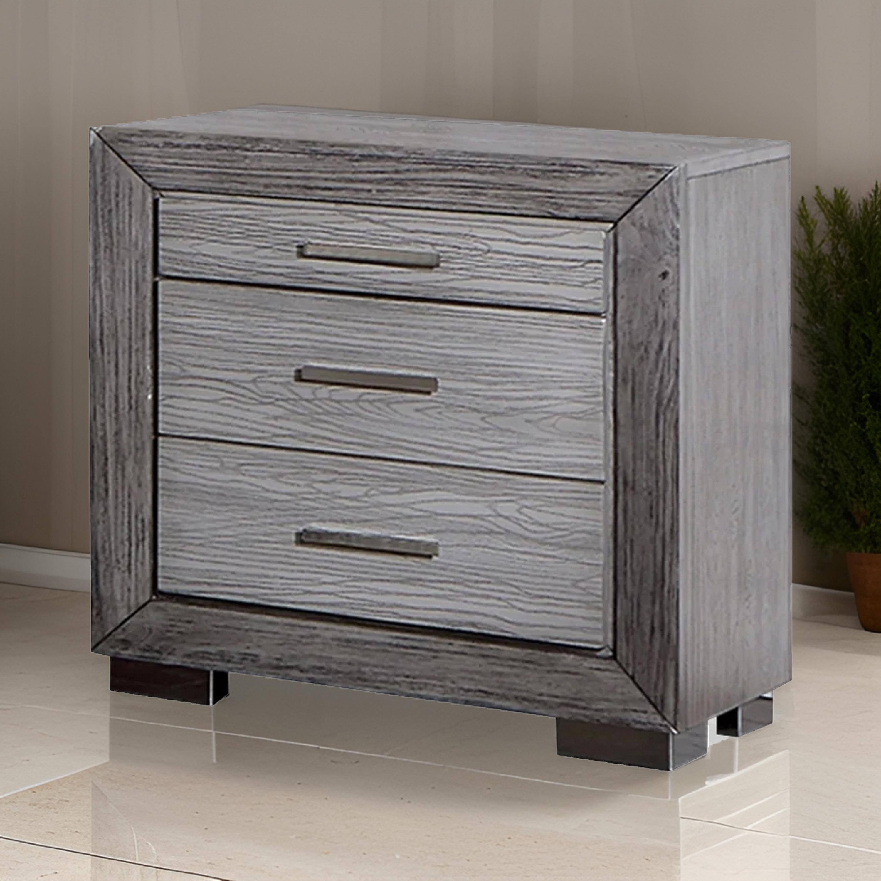 Alt View 2. Manhattan Lane - Reno 27 Inch Nightstand, Brushed  Wood, Chrome Bracket Legs, USB Ports - Gray, Silver.