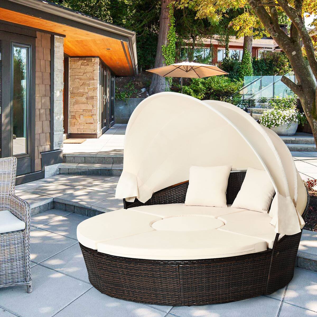 Front. Gymax - Gymax Cushioned Patio Rattan Round Daybed w/ Adjustable Table 3 Pillows Canopy - Brown.