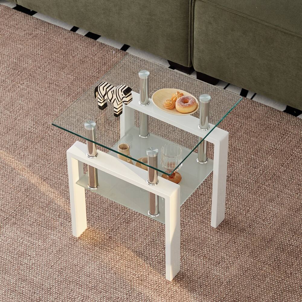 Left. Loheer - Loheer White Tempered Clear Glass End Table 2-Layer Small Sofa Side Table with Storage - White.