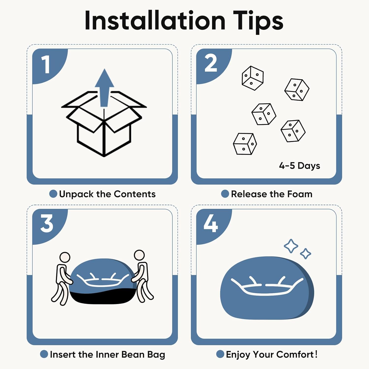 Installation Tips

1. Unpack the Contents
2. Release the Foam (4-5 Days)
3. Insert the Inner Bean Bag
4. Enjoy Your Comfort!