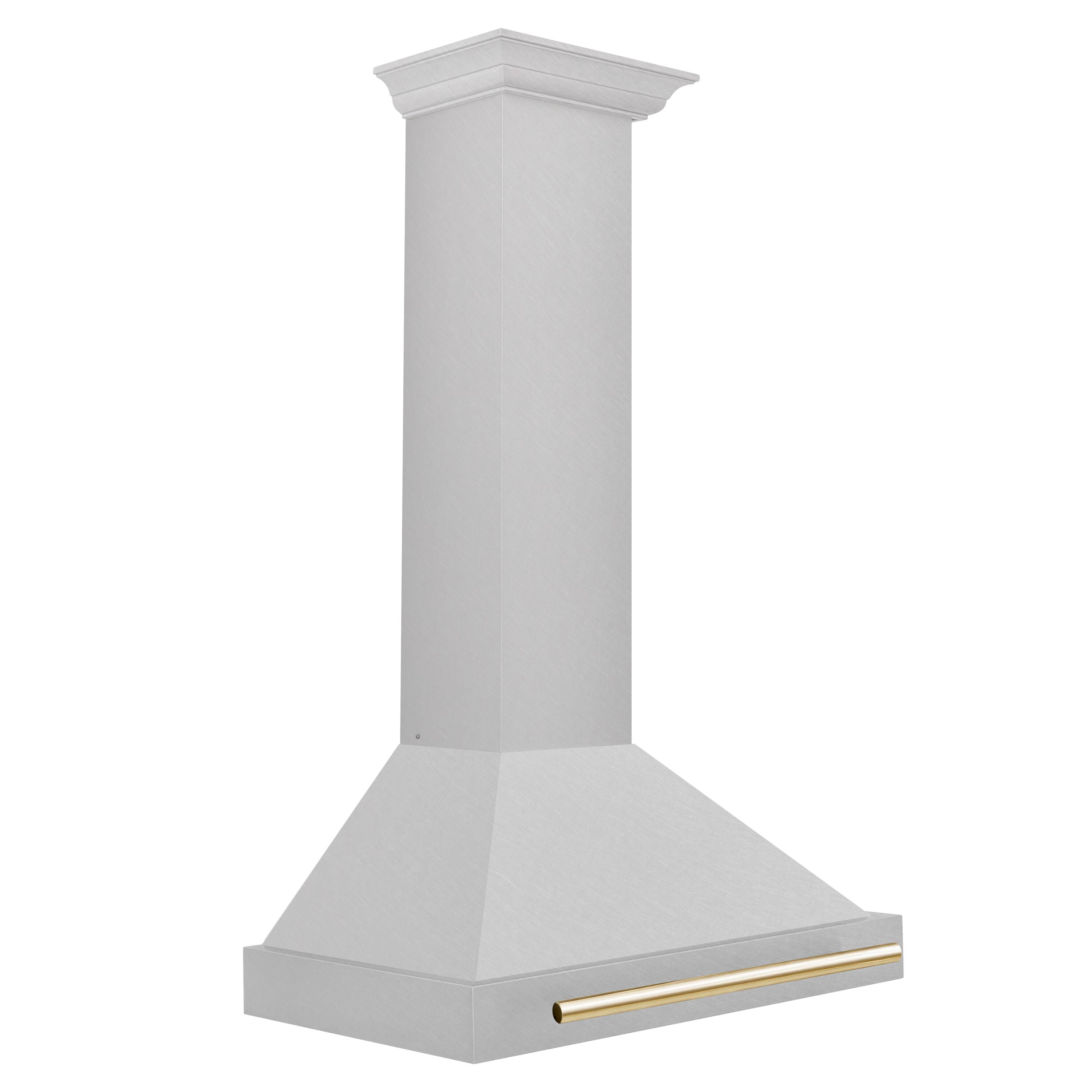 Left. ZLINE - ZLINE Autograph Edition 30 in. Convertible Satin Stainless Steel Wall Mount Range Hood with Polished Gold Handle - Stainless steel.