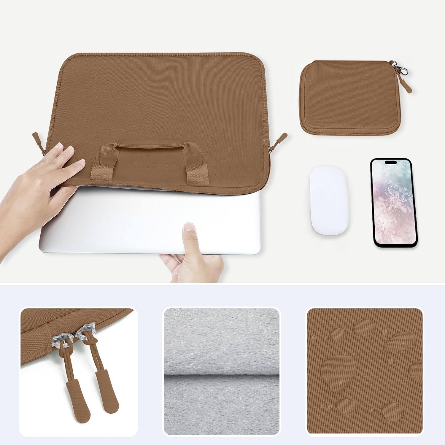 Back. mosiso - Laptop Sleeve 16 inch, Neoprene Laptop Carrying Case with Handle & Pouch for MacBook Pro 16, HP Acer Dell Lenovo ASUS - Mocha.