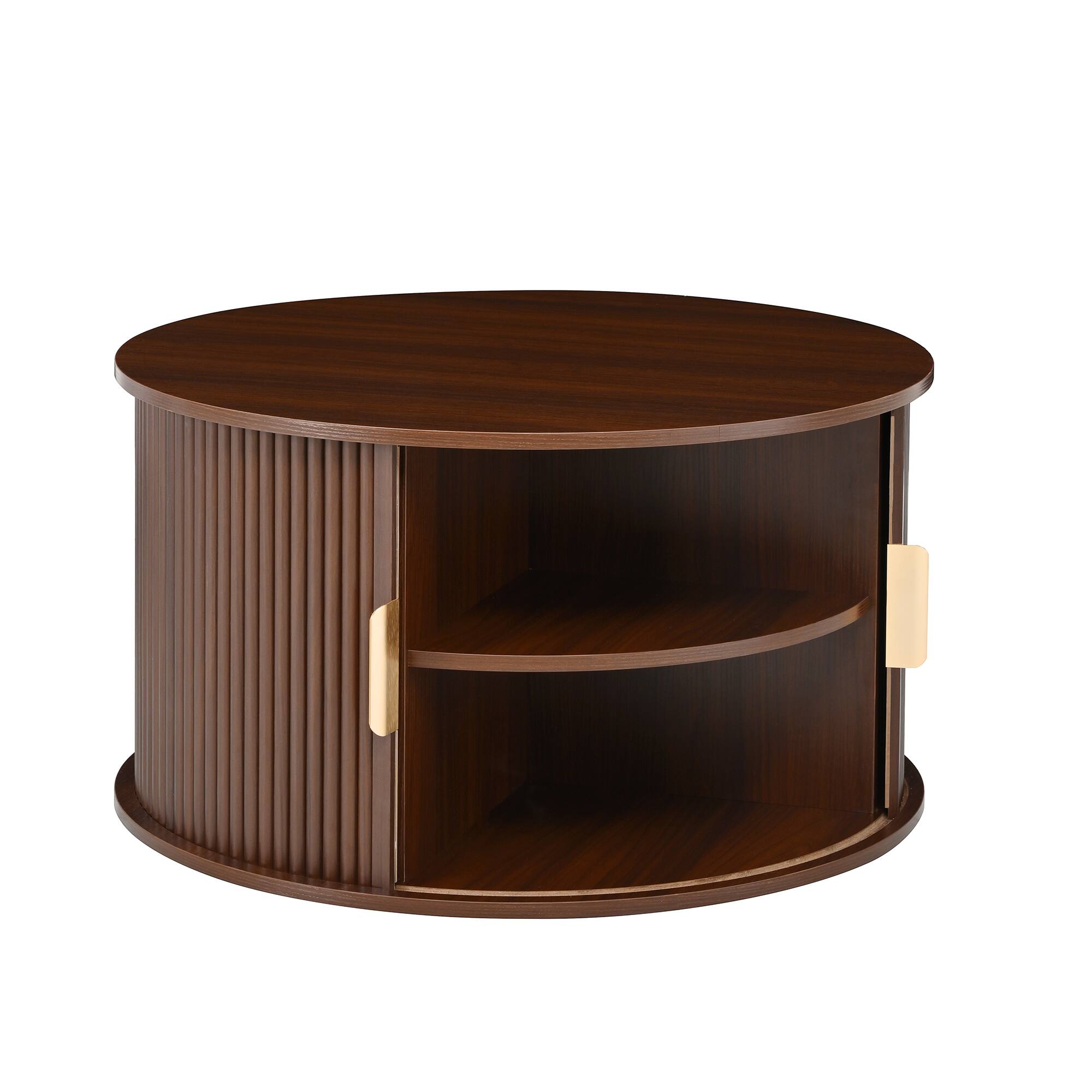 Alt View 7. Tiramisubest - Mid-Century Coffee & Side Table Set of 2 with Tambour Door,Fluted Design,Golden Handle Tall & Low Side Table,Walnut - Walnut.
