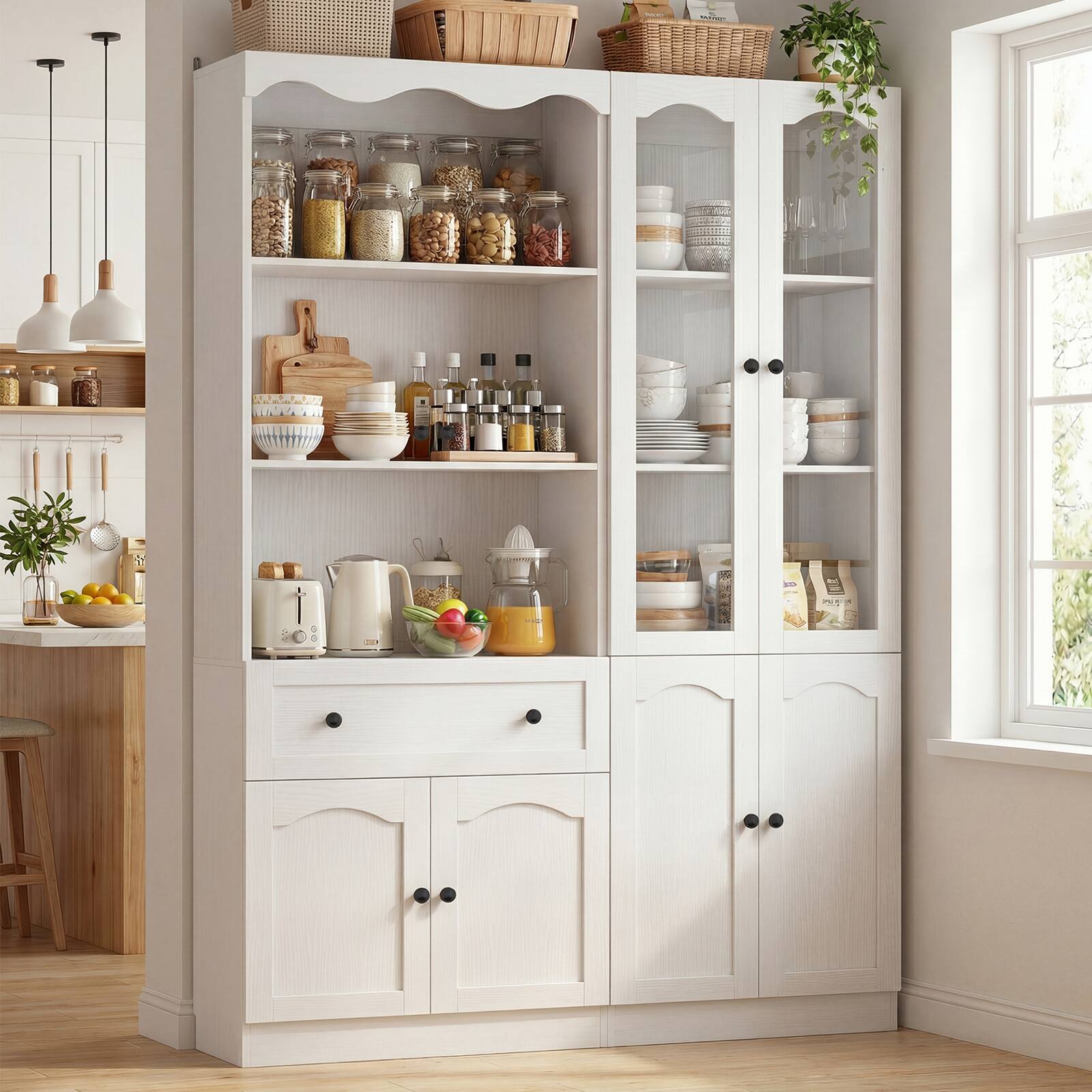 Alt View 2. Aheaplus - 80'' Tall Bookcase with Drawer and Glass Doors, 51.1'' Width Bookshelf with Adjustable Shelves, 2 Packs - White.