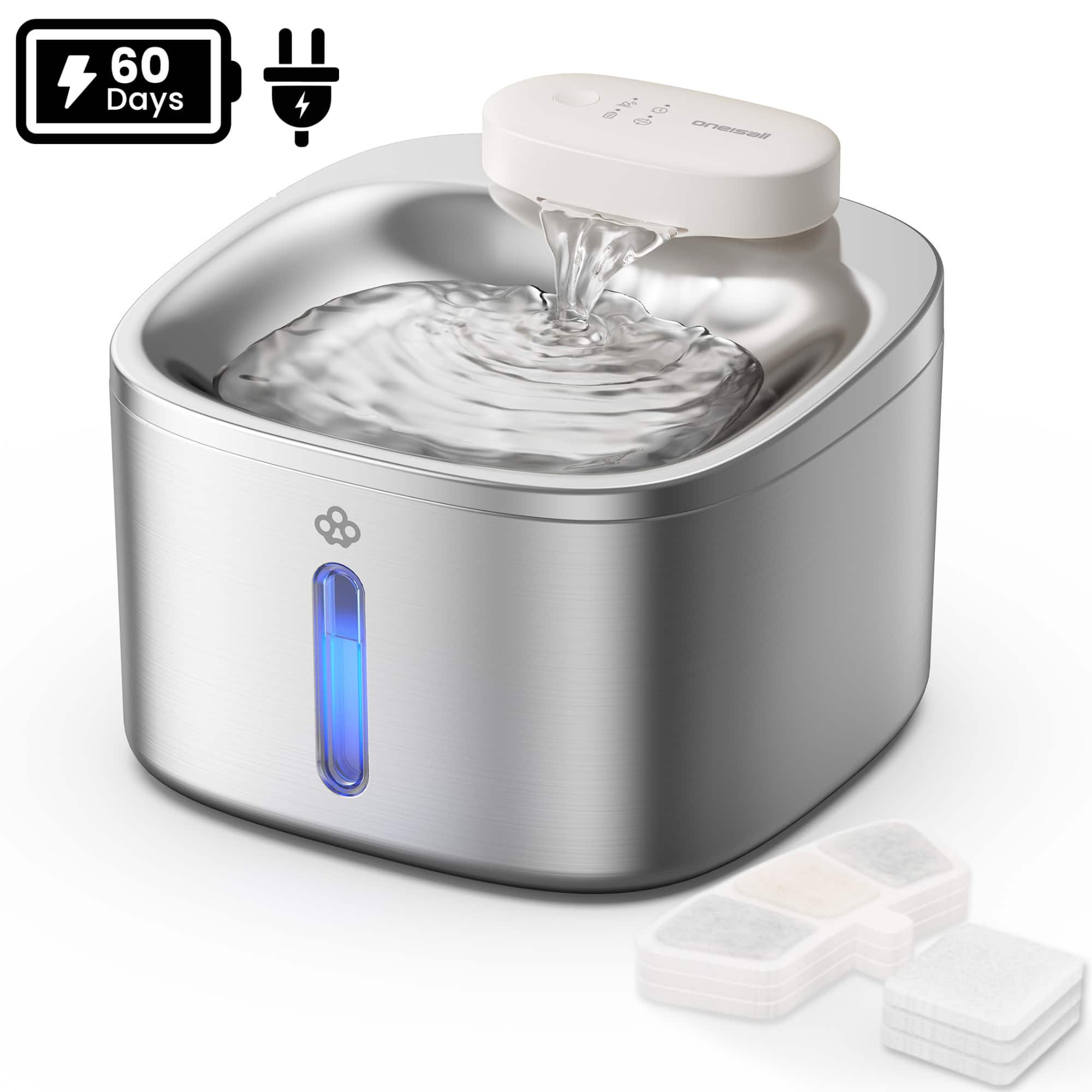 Oneisall - 3.5L 118oz Cordless Automatic Pet Water Fountain For Dog Cat Quiet with Motion Sensor BPA Free 3 Filters - Stainless Steel