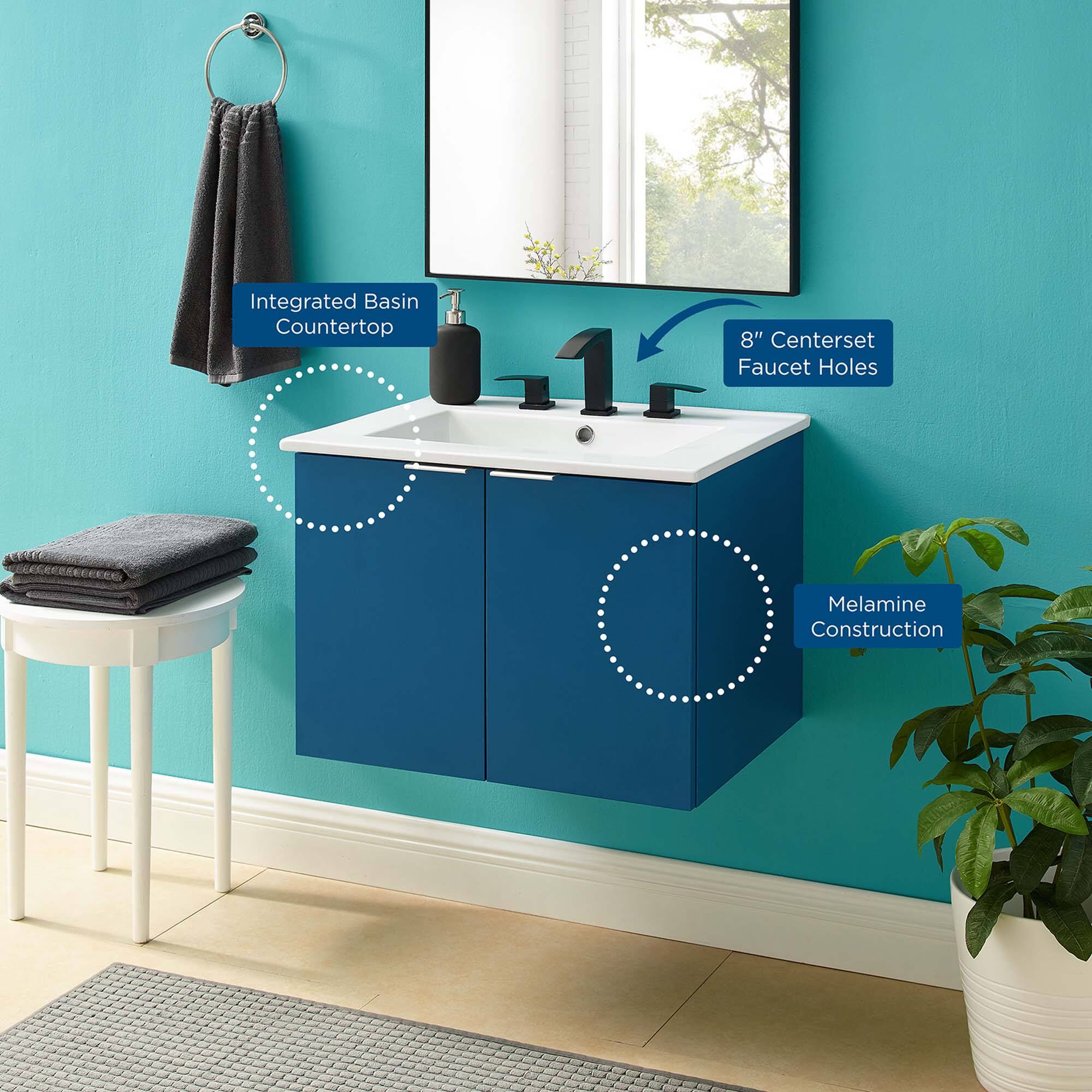 Integrated Basin Countertop  
8" Centerset Faucet Holes  
Melamine Construction