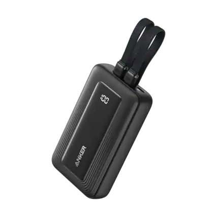 Front. Anker - Power Bank (10K, 30W, Built-In USB-C and Lightning Cable) - Black.