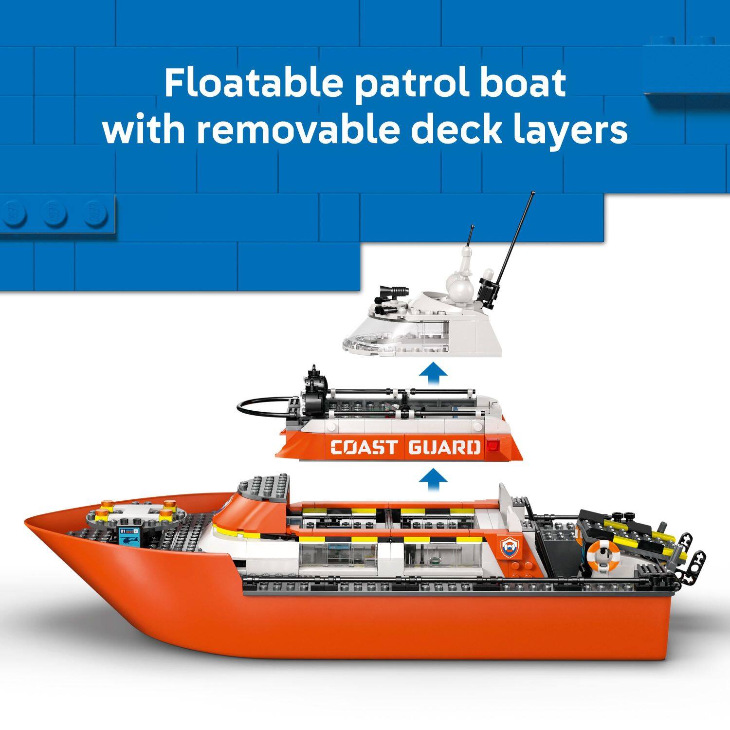 Floatable patrol boat with removable deck layers

COAST GUARD