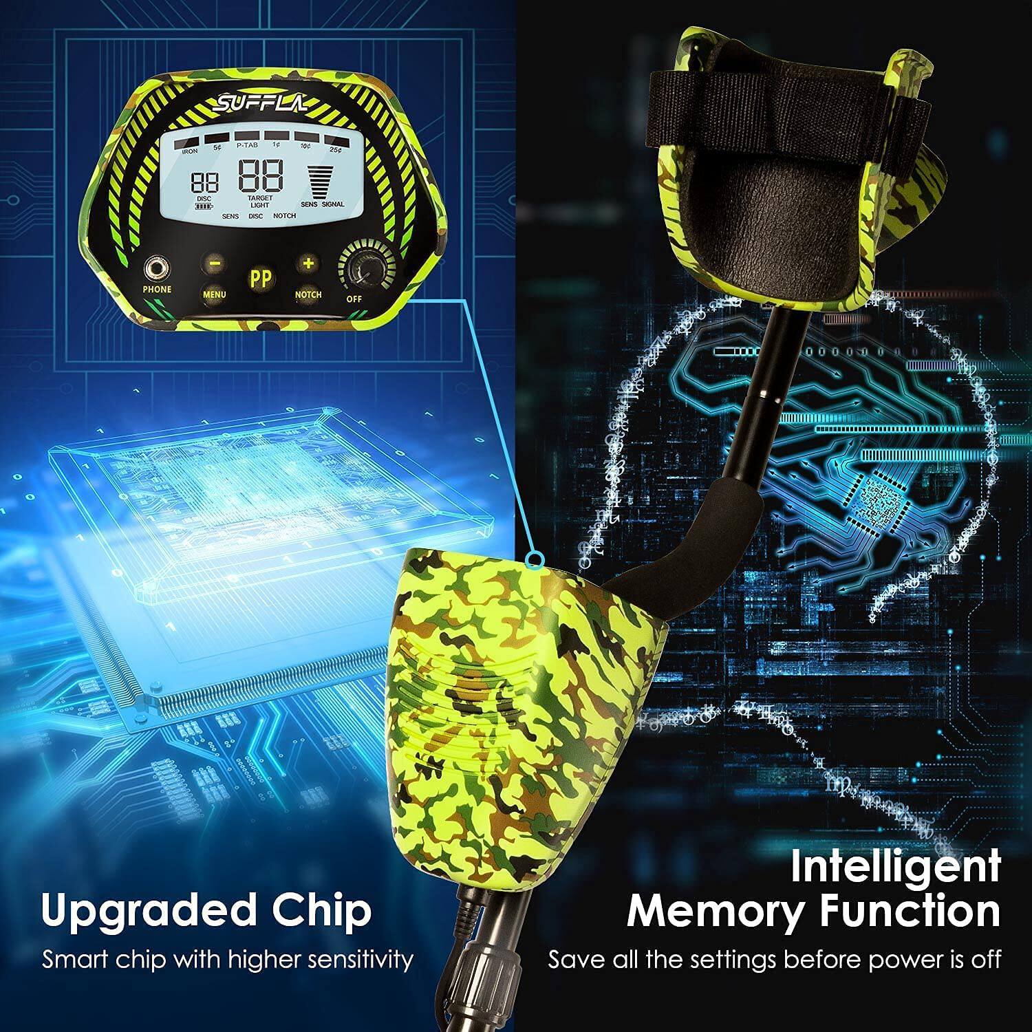 Sure, here is the corrected and grouped text:

---

**Upgraded Chip**  
Smart chip with higher sensitivity

**Intelligent Memory Function**  
Save all the settings before power is off

---

**SUFFL**  
**88**  
**88**  
**PHONE**  
**MENU**  
**PP**  
**NOTCH**  
**OFF**  
**MON**  
**S**  
**P-TAIL**  
**TF**  
**90**  
**225**  
**DISC**  
**TARGET**  
**SENS**  
**DISC**  
**NOTCH**  
**SENS**  
**DISC**  
**NOTCH**  
**SENS**  
**DISC**  
**NOTCH**  
**SENS**  
**DISC**  
**NOTCH**  
**SENS**  
**DISC**  
**NOTCH**  
**SENS**  
**DISC**  
**NOTCH**  
**SENS**  
**DISC**  
**NOTCH**  
**SENS**  
**DISC**  
**NOTCH**  
**SENS**  
**DISC**  
**NOTCH**  
**SENS**  
**DISC**  
**NOTCH**  
**