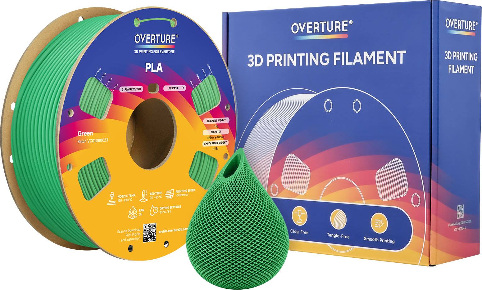 OVERTURE 3D PRINTING FOR EVERYONE  
PLA OVERTURE 3D PRINTING FILAMENT  
OVERTURE 3D PRINTING FILAMENT  
PLA/PETG/TPU ABS/ASA  

Green  
Batch VC01DB0023  

FILAMENT WEIGHT  
1kg  

DIAMETER  
1.75mm ±0.02mm  

EMPTY SPOOL WEIGHT  
-142g  

NOZZLE TEMP.  
190-230°C  

BED TEMP.  
35-60°C  

FAN  
On  

PRINTING SPEED  
300 mm/s  

DRYING SETTINGS  
55°C/6h  

Scan to Download Print Profile and Instruction  
profile.overture3d.com  

Clog-Free  
Tangle-Free  
Smooth Printing  

OT1001043