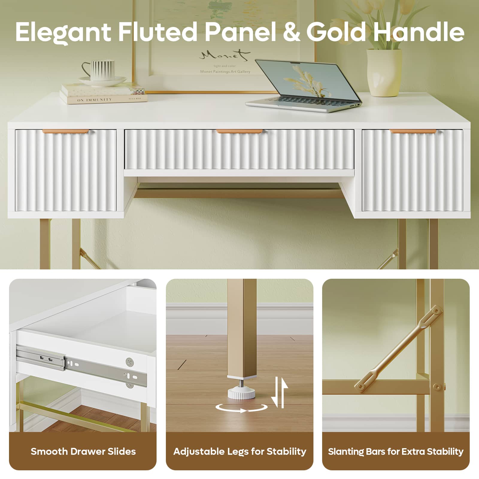 Elegant Fluted Panel & Gold Handle Monet - 2 Monet Gallery - Smooth Drawer Slides - Adjustable Legs for Stability - Slanting Bars for Extra Stability