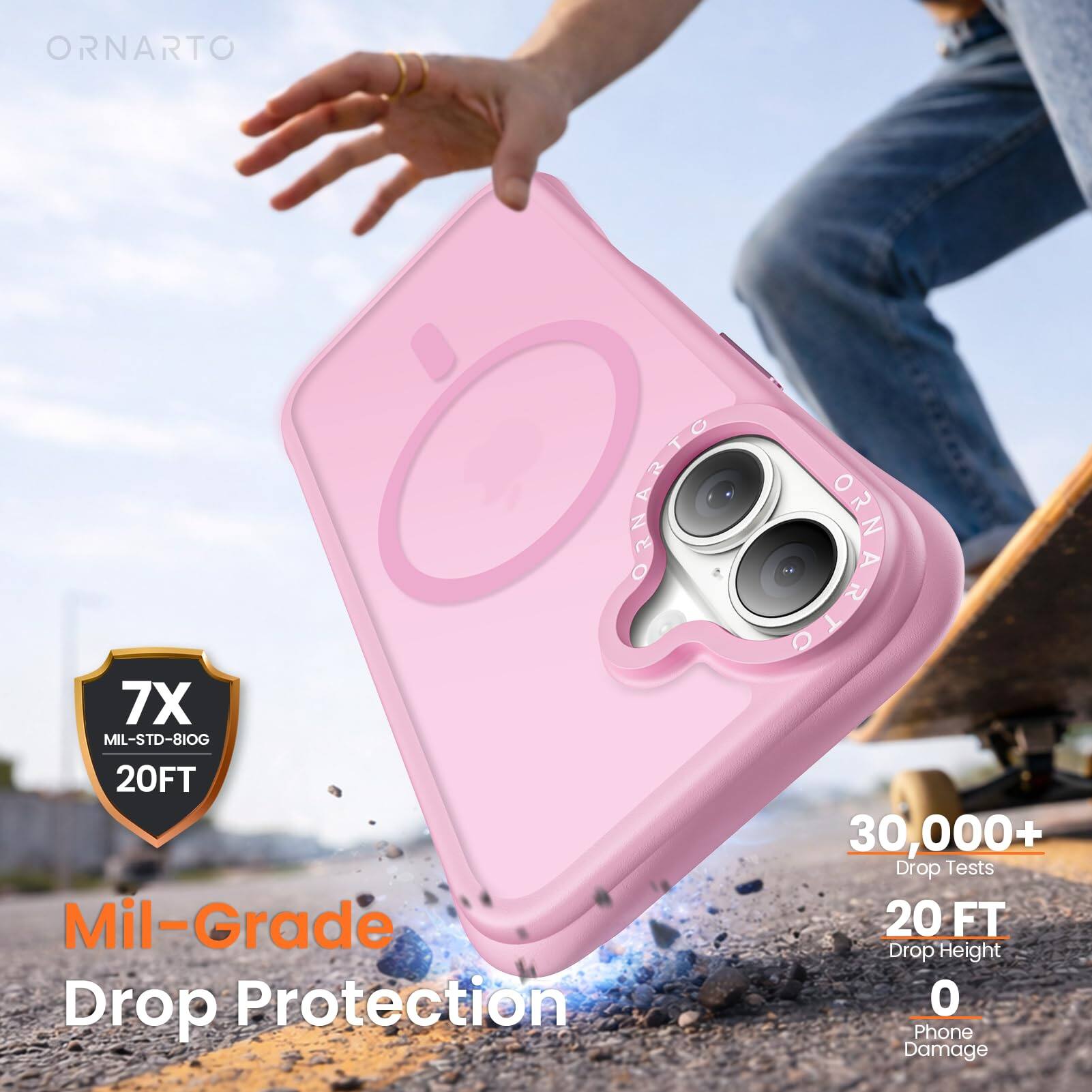 ORNARTO  
7X MIL-STD-810G 20FT  
Mil-Grade Drop Protection  
30,000+ Drop Tests  
20 FT Drop Height  
0 Phone Damage