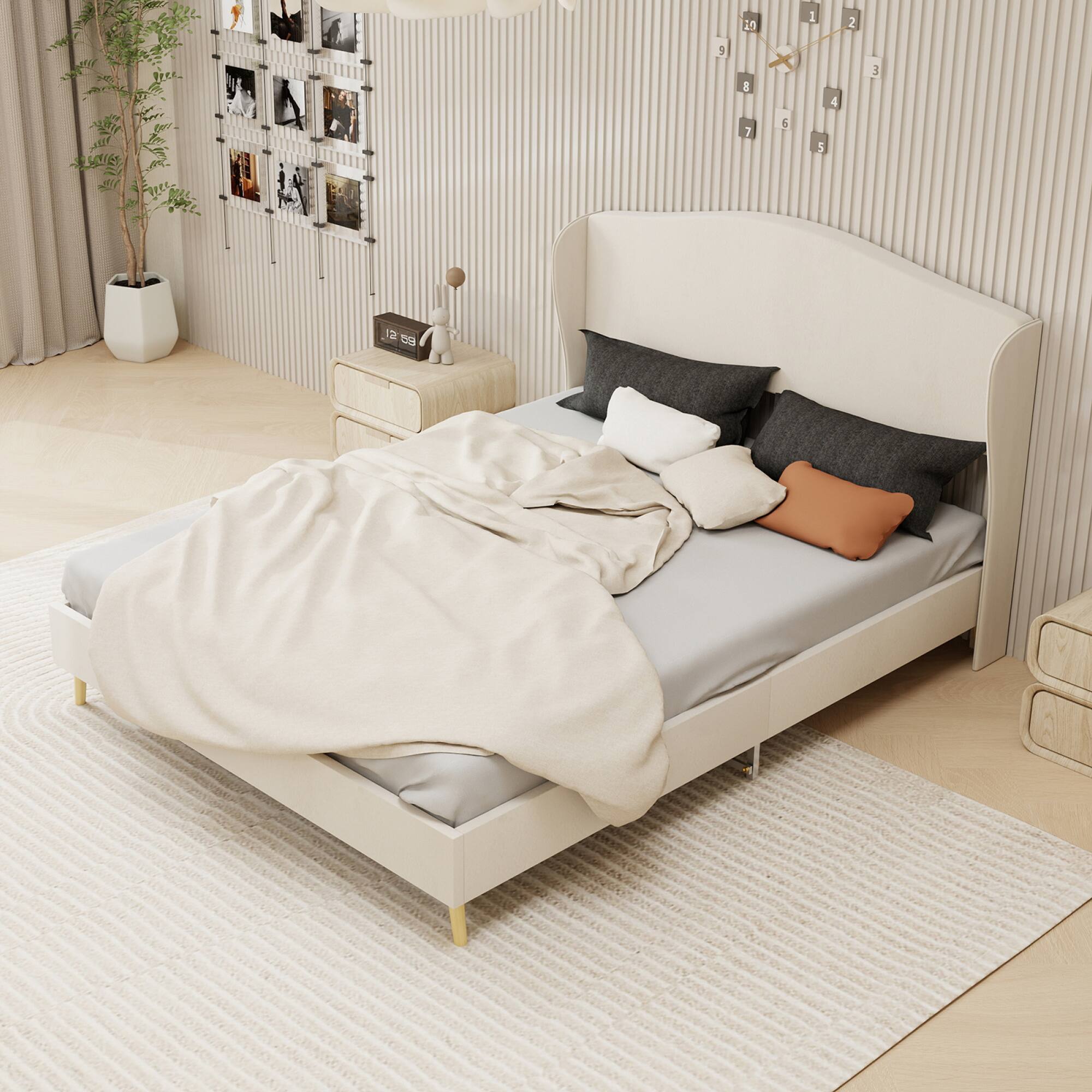 Angle. GOODSILO - Luxury Velvet Upholstered Bed with Tufted Headboard for Master Bedroom Queen Size Gray - Beige.