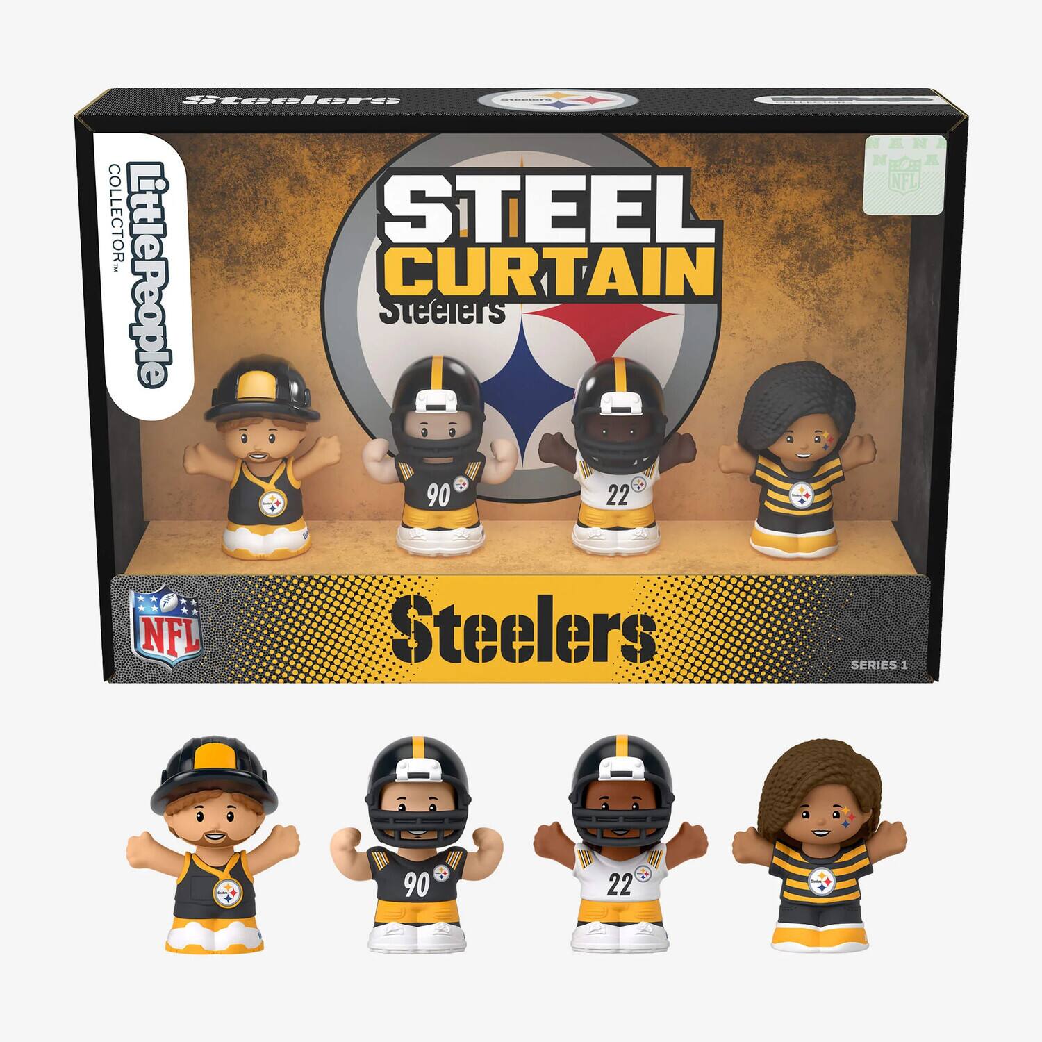 The text on the image is: "Little People Collector Steel Curtain Steelers 3 90 22 A N N A NFL NFL Steelers Series 1 90 22."