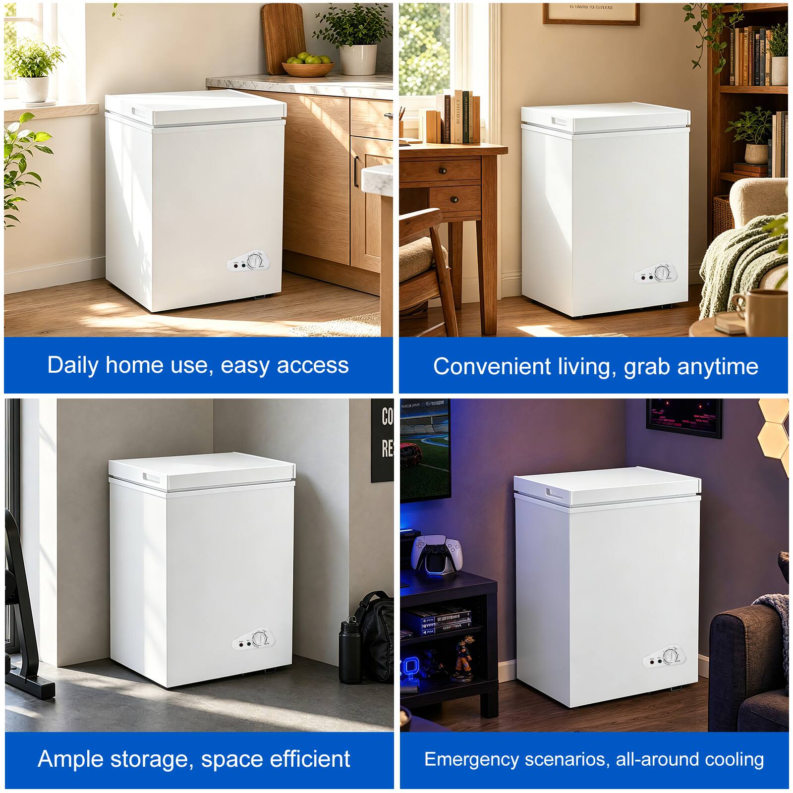 - Daily home use, easy access
- Convenient living, grab anytime
- Ample storage, space efficient
- Emergency scenarios, all-around cooling