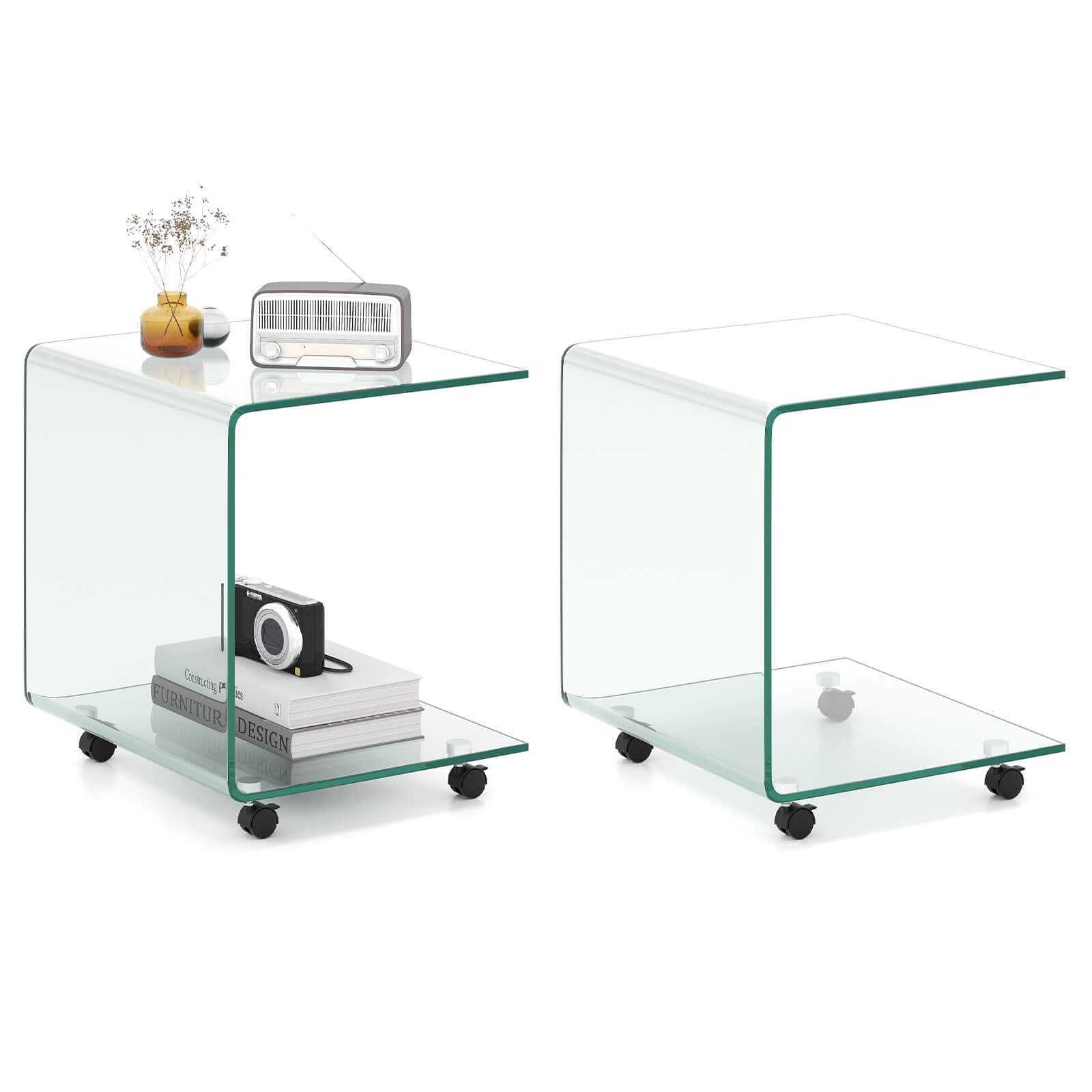 Costway - 2 PCS C-Shaped End Table with 2-tier shelf, 4 Swivel Lockable Wheels for Living Room - Transparent