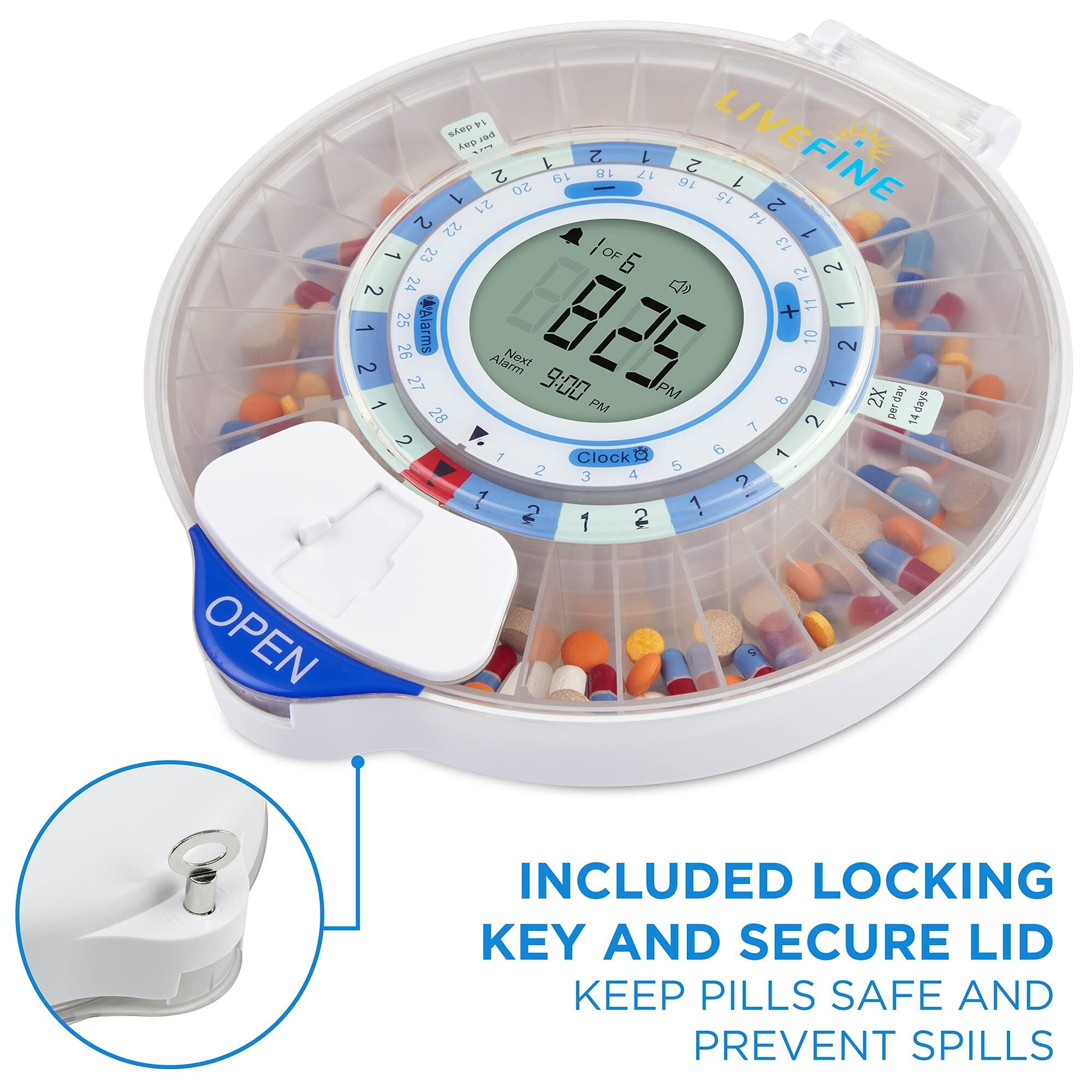 P SAUD c01 1 Gay 21 .. 2 20 1 19 2 R 17 1 16 2 LIVEFINE 15 L 2 2 F 22 1 I 13 -A 23 OF 5 12 2 2 24  + 11 1 25 4Alarms 1 825 10 26 2 2 Alarm Naxt 9 27 9:00 PM 1 K8o 1 PM 8 2X sAep 28 2 per 14 7 2 6 I 7 Clock 1 2 5 3 4 2 1 1 2 OPEN INCLUDED LOCKING KEY AND SECURE LID KEEP PILLS SAFE AND PREVENT SPILLS