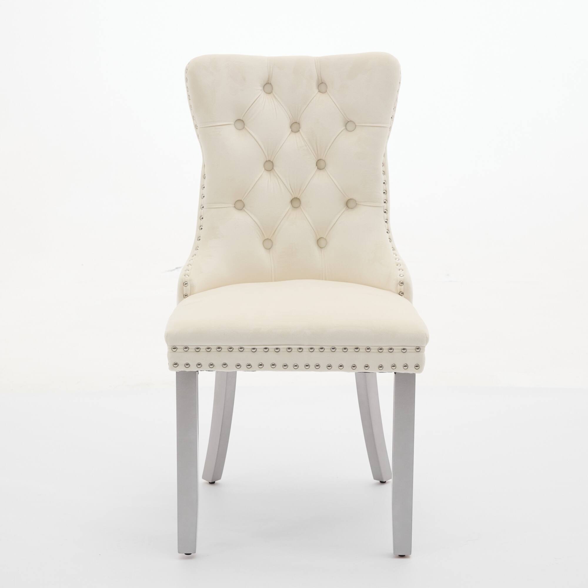 Angle. GOODSILO - Modern High-End Tufted Velvet Upholstered Dining Chairs with Solid Wood Legs and Nailhead Trim, Set of 2 - Milk White.