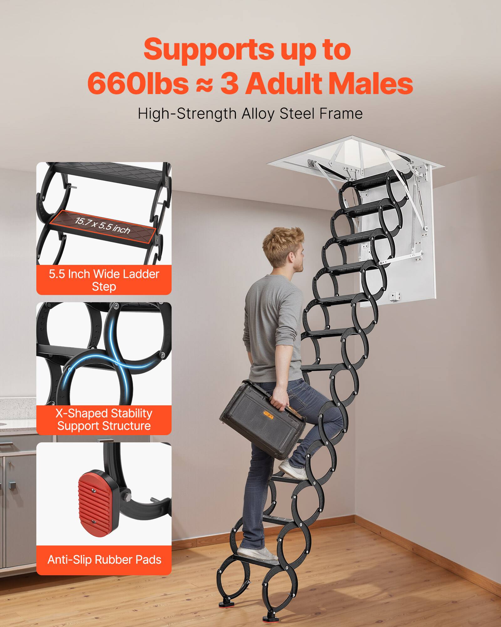 Supports up to 660lbs (~ 3 Adult Males)  
High-Strength Alloy Steel Frame  
15.7x5.5 inch  
5.5 Inch Wide Ladder Step  
X-Shaped Stability Support Structure  
Anti-Slip Rubber Pads