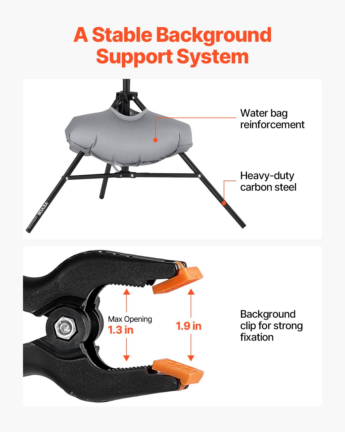 A Stable Background Support System

- Water bag reinforcement
- Heavy-duty carbon steel
- Max Opening 1.3 in
- Background clip for strong fixation
- 1.9 in
