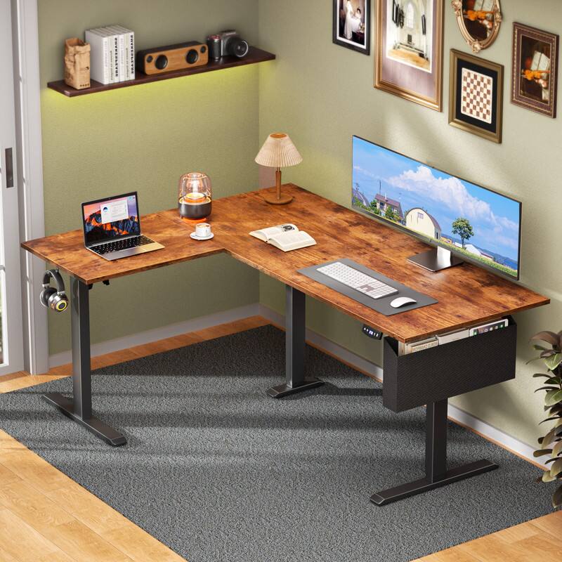 Front. Furologee - L-shaped Standing Desk – Adjustable Height Electric Desk With Memory Controller - Brown.