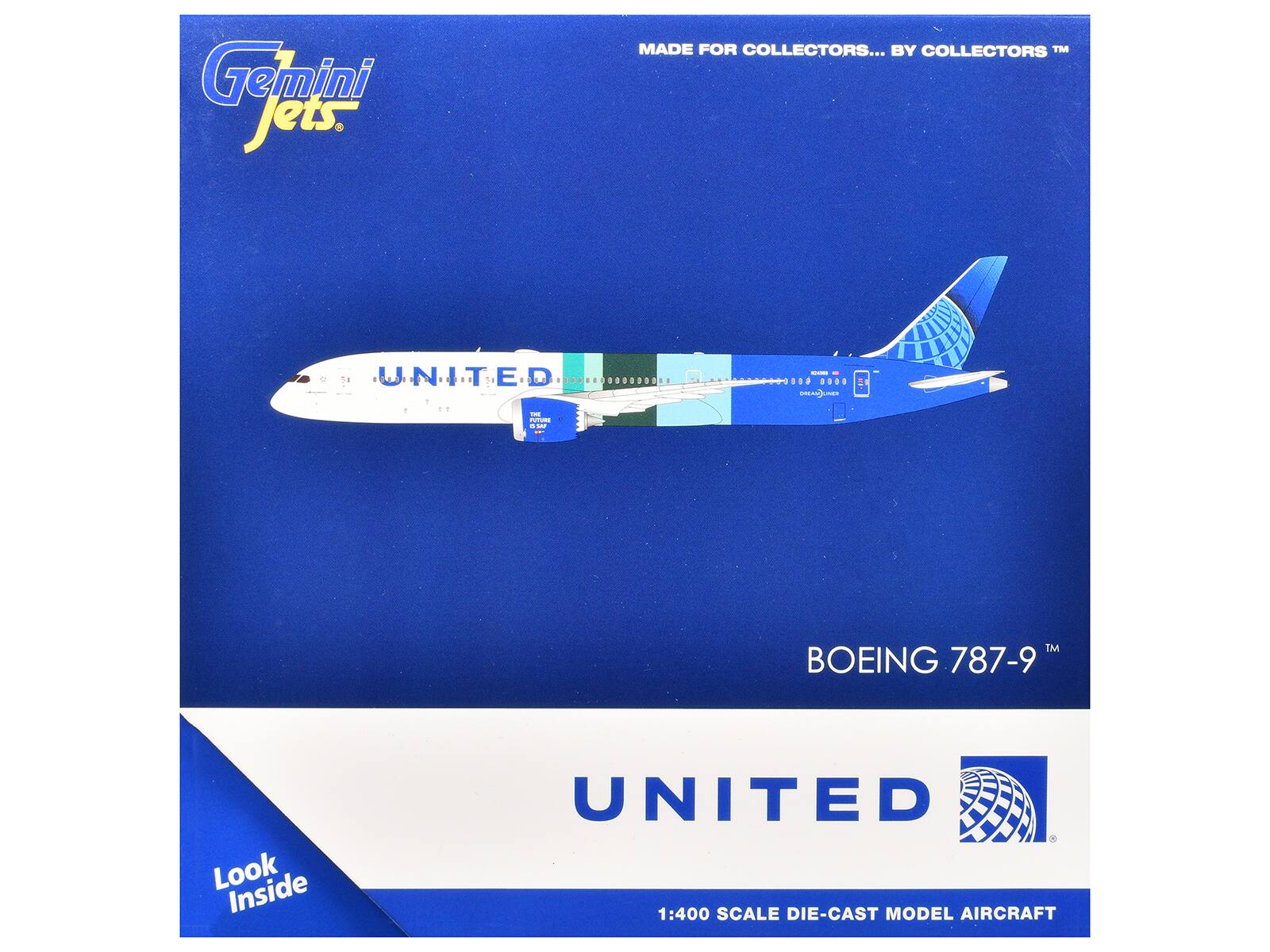 Gemini Jets  
MADE FOR COLLECTORS... BY COLLECTORS™  

UNITED  
BOEING 787-9  

Look Inside  

UNITED  
1:400 SCALE DIE-CAST MODEL AIRCRAFT