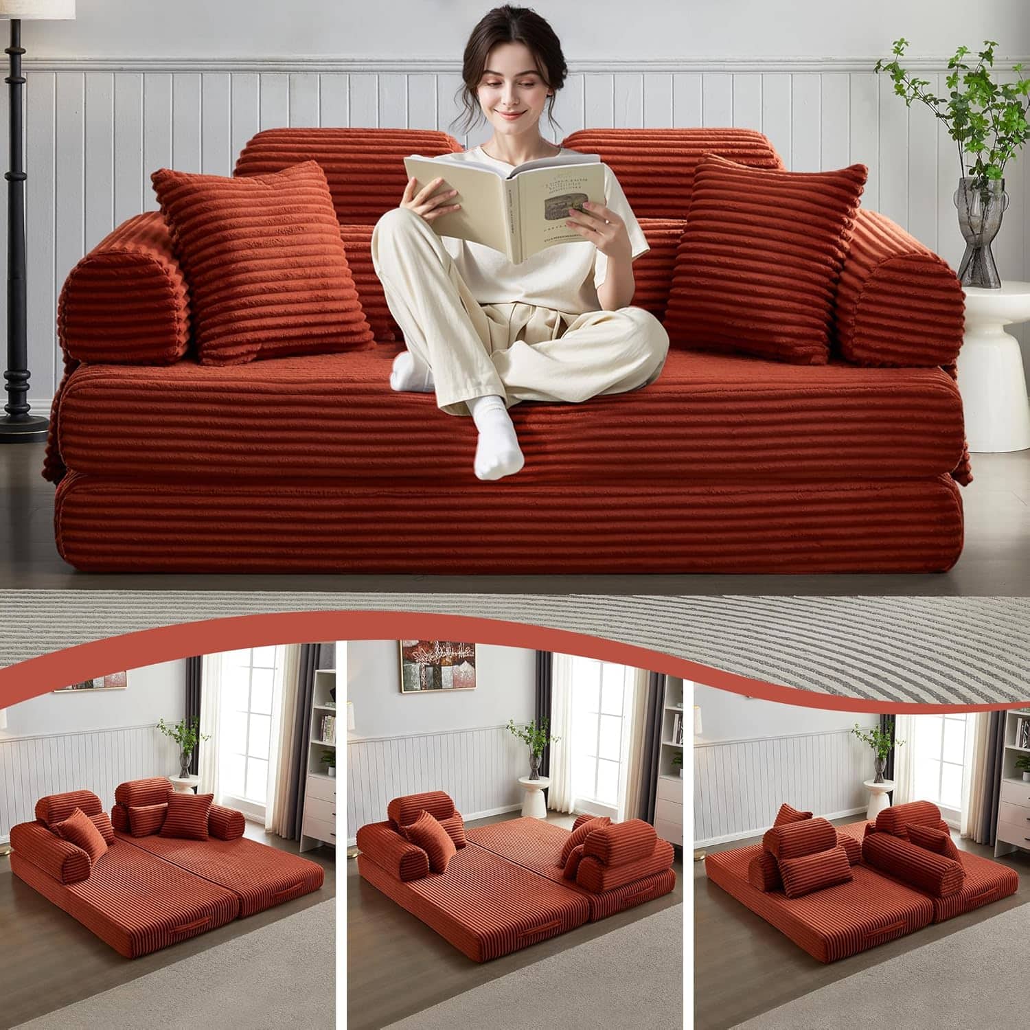 Tiramisubest - Convertible Sleeper Sofa Bed, 78.5" Corduroy Foldable Sofa, King Size Floor Mattress Couch, No Assembly Required - Orange