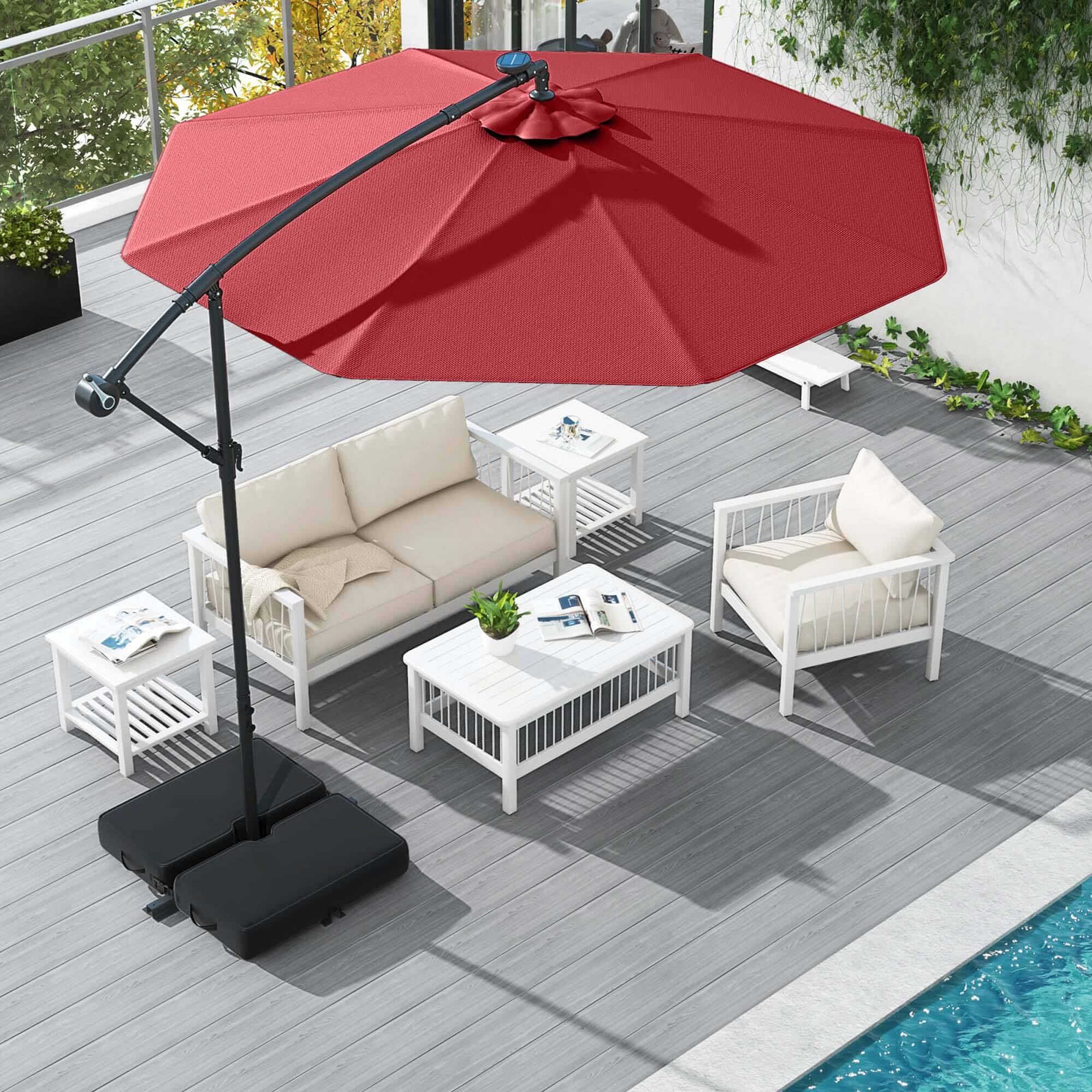 Alt View 1. Costway - Patio 10FT Hanging Offset Umbrella 32 LED Lights Sand Bag Outdoor Cross Base - Wine.