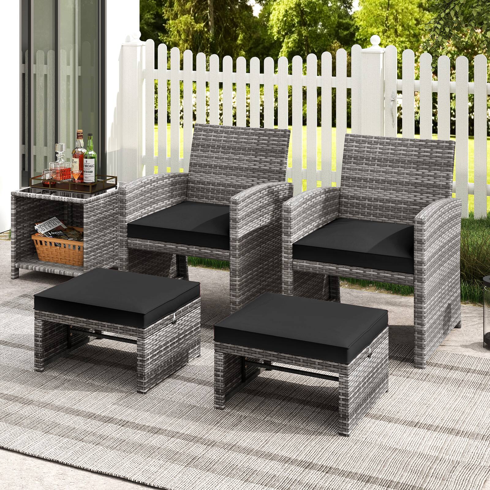 Alt View 7. Gymax - Gymax 2 Pieces Patio PE Rattan Ottomans with Soft Zippered Cushions for Deck Black - Black.