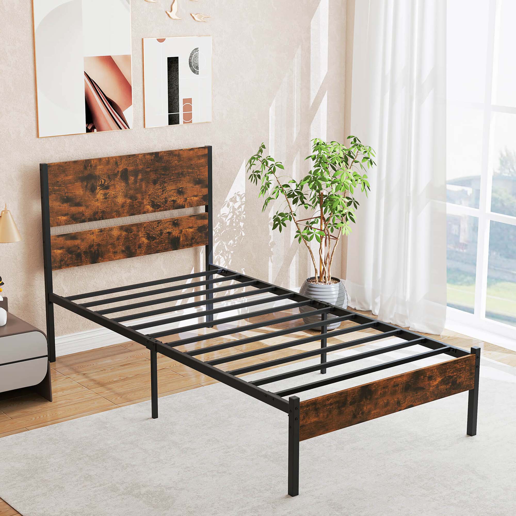 Alt View 3. Costway - Costway Twin Size Bed Frame with Wooden Headboard Under-Bed Storage No Box Spring Needed - Rustic Brown & Black.