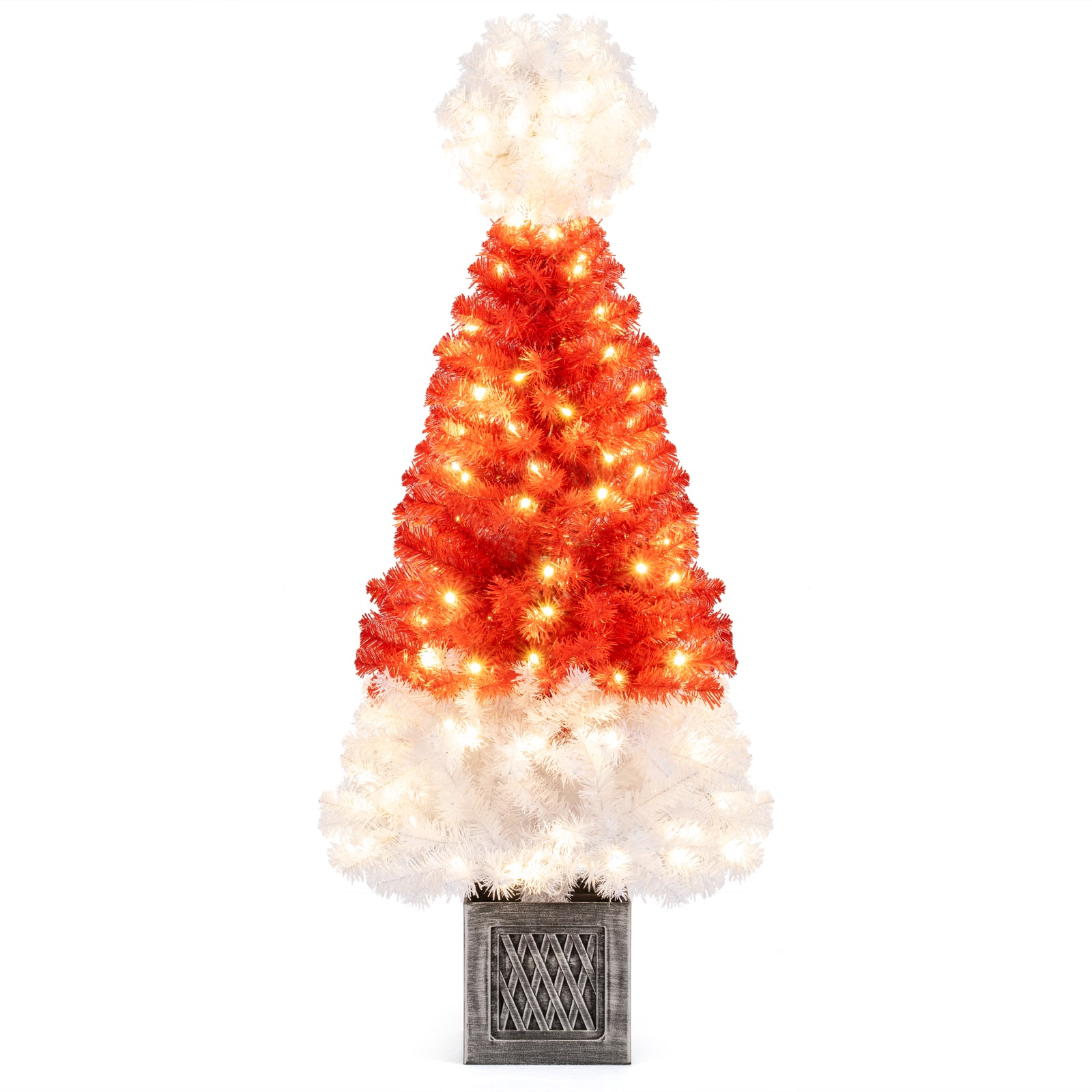 Gymax - 4 FT Artificial Christmas Tree Santa Hat Xmas Tree w/ 300 Branch Tips Red - White