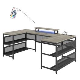 Spaco - Vintage U-Shaped Gaming Desk with Power Outlets, LED Strip, Monitor Stand, Storage Shelf, Home Office Desk - Gray