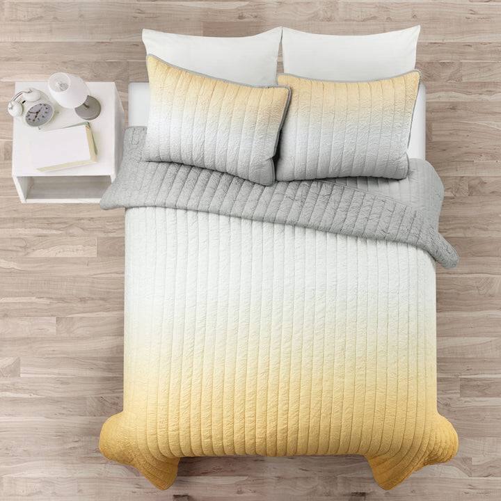 Angle. Hivvago - King size Yellow Orange Grey Lightweight Crinkle Fabric 3 Piece Quilt Set - Yellow Orange Grey.