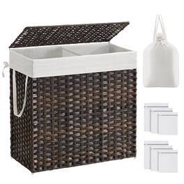 Songmics Home - Laundry Hamper with Lid, 130L,2 Removable Liner Bags,6 Mesh Bags, Wicker Laundry Basket, Double Laundry Hamper - Brown