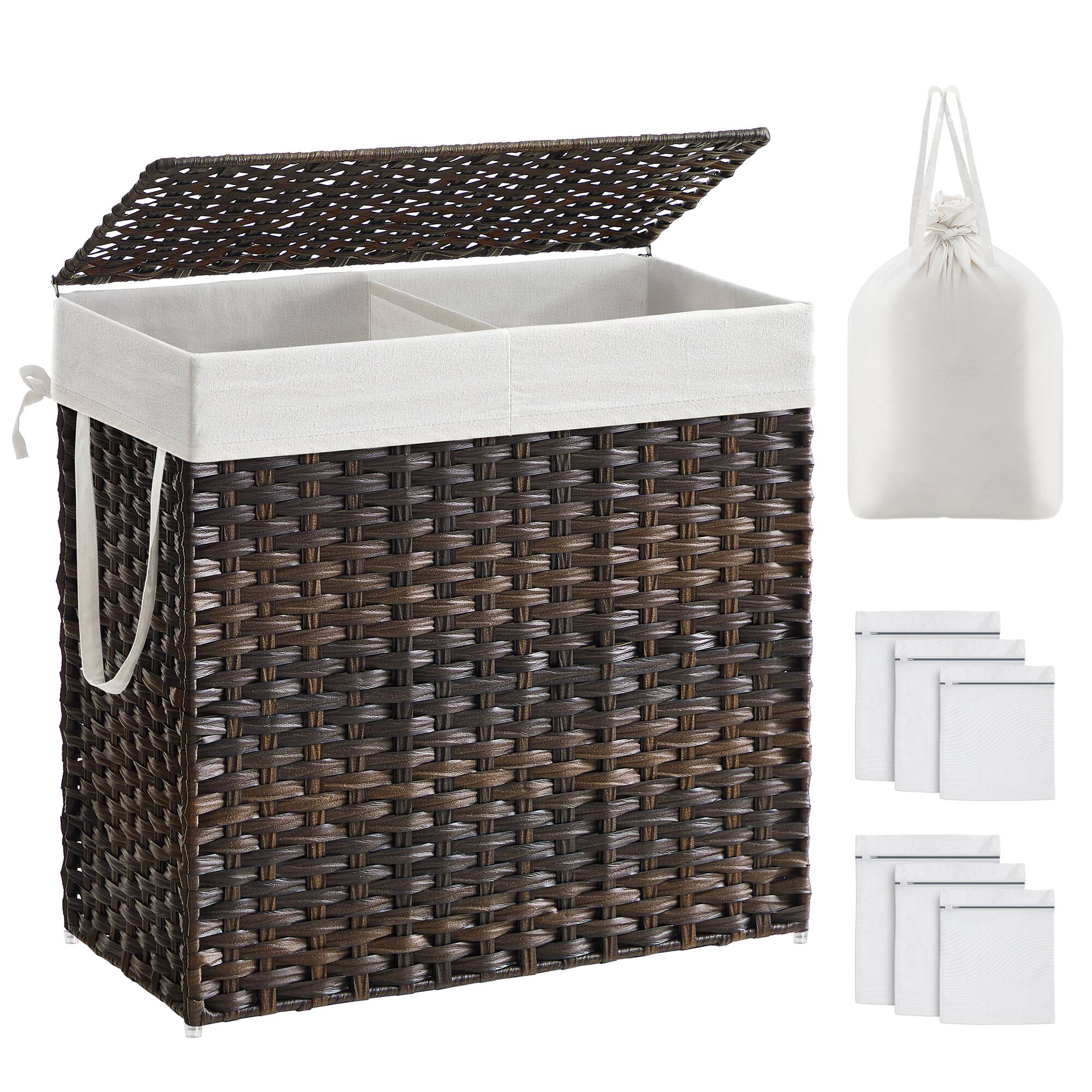 Front. Songmics Home - Laundry Hamper with Lid, 130L,2 Removable Liner Bags,6 Mesh Bags, Wicker Laundry Basket, Double Laundry Hamper - Brown.